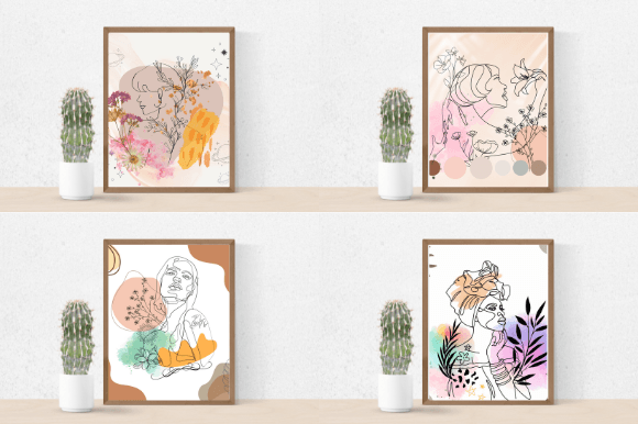 Cactus in a pot and 4 different pictures in brown frames - woman face in line art style on pink and white watercolor backgrounds.