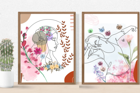 Cactus in a pot and 2 different pictures in brown frames - woman face in line art style on white and pink watercolor backgrounds.