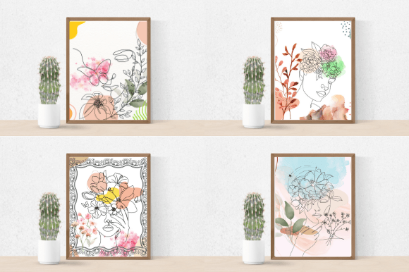 Cactus in a pot and 4 different pictures in brown frames - woman face in line art style on pink and white watercolor backgrounds.