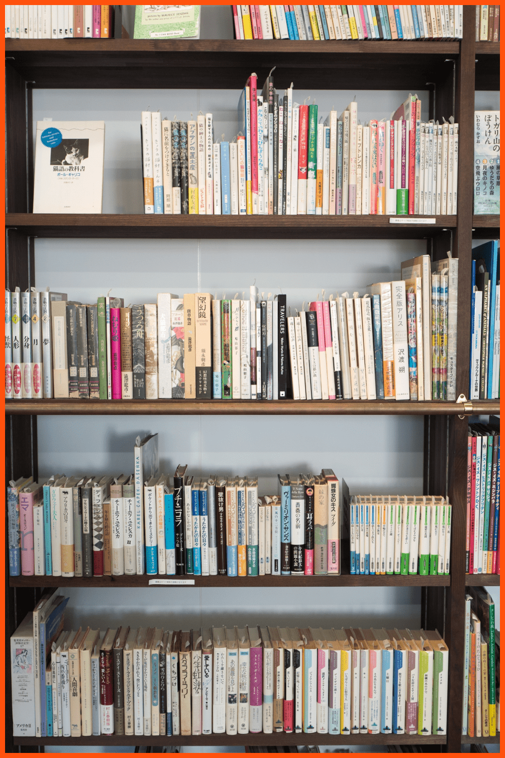 Photo of a bookcase with books on the shelves.