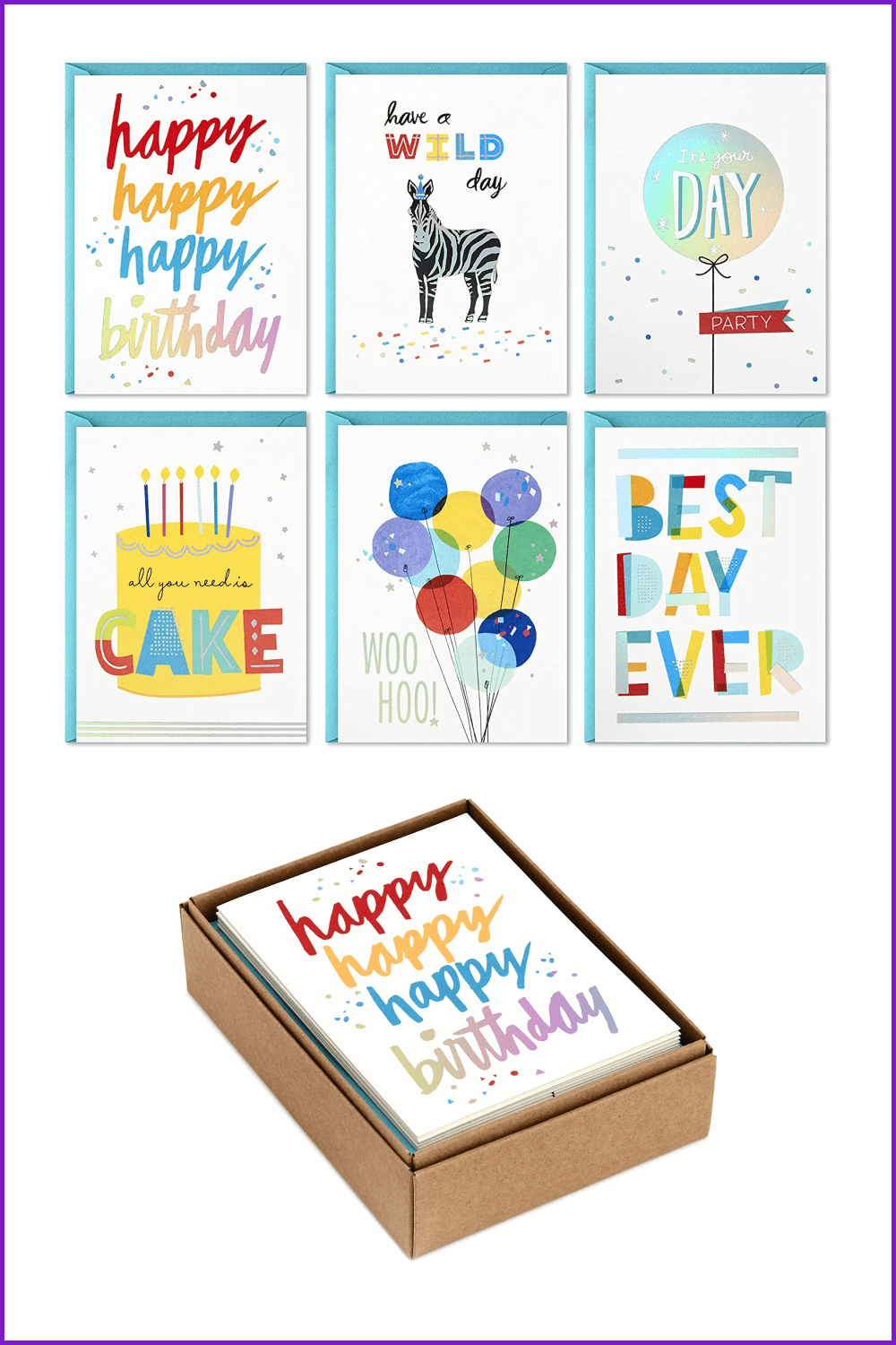 Collage of birthday cards with painted cakes, balloons and colorful inscriptions.