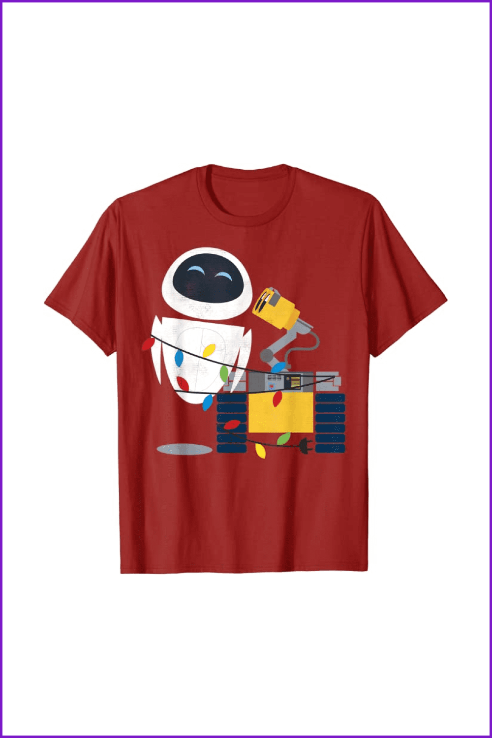 Red t-shirt with Wall-E and Christmas lights.