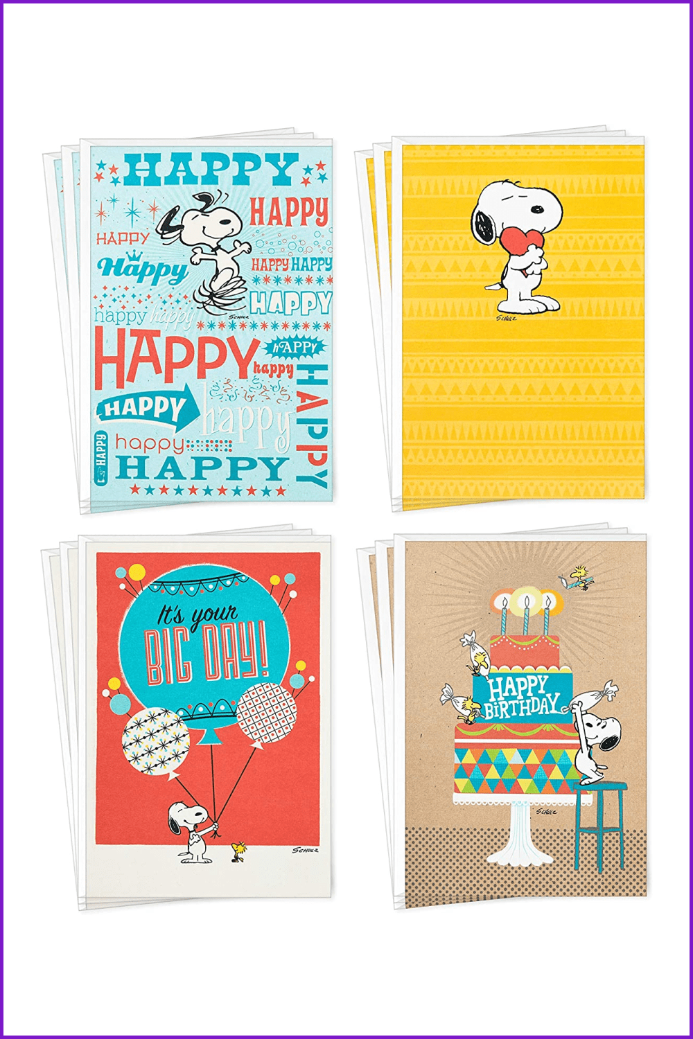 Collage of birthday cards with Snoopy and balloons, cakes.
