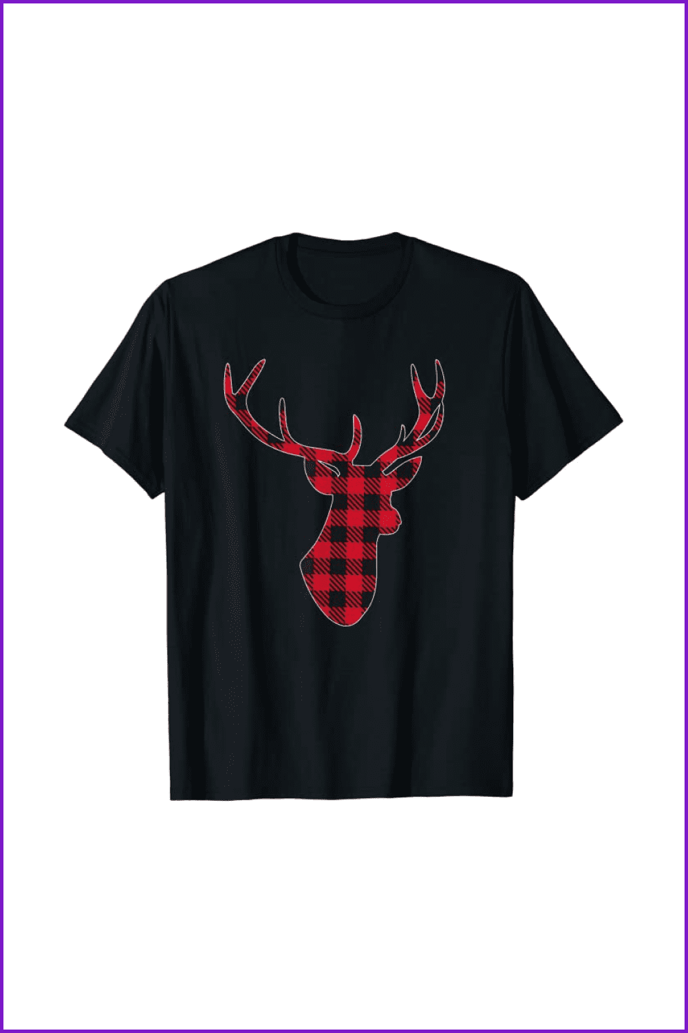 Black t-shirt with a deer in a checkered black and red print.