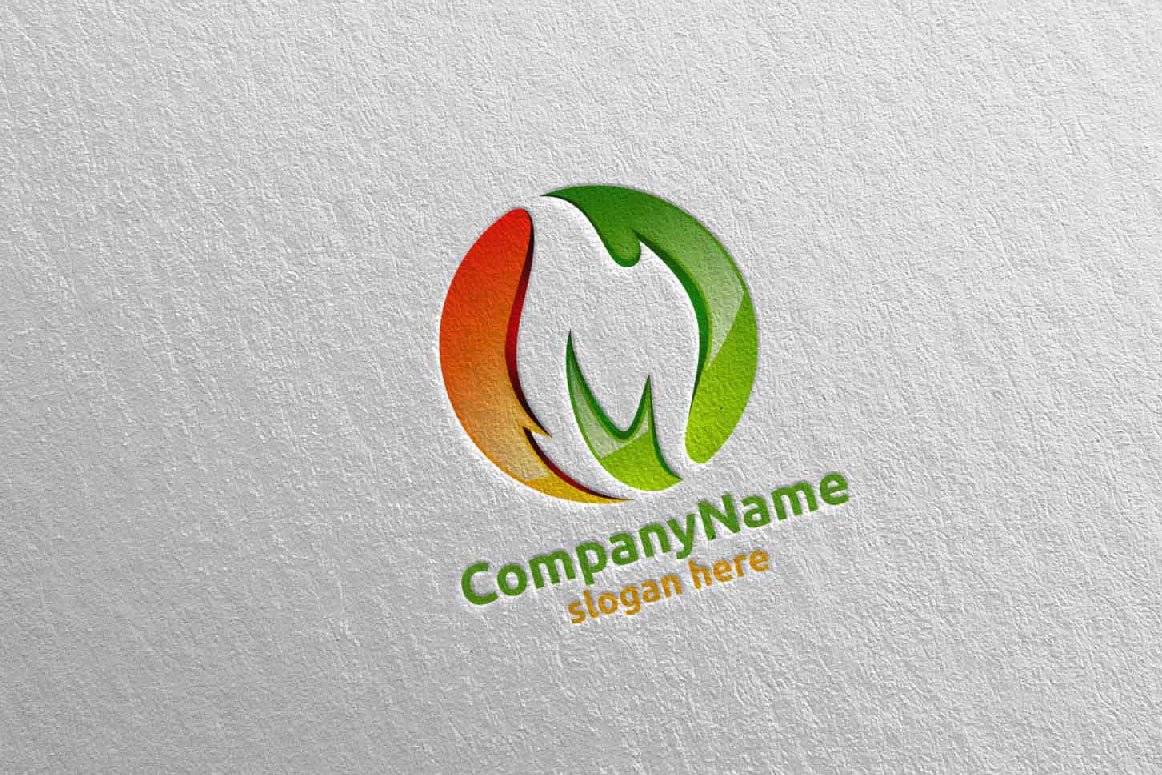 A orange and green 3D fire flame element logo and green and orange lettering "CompanyName slogan here" on a gray background.