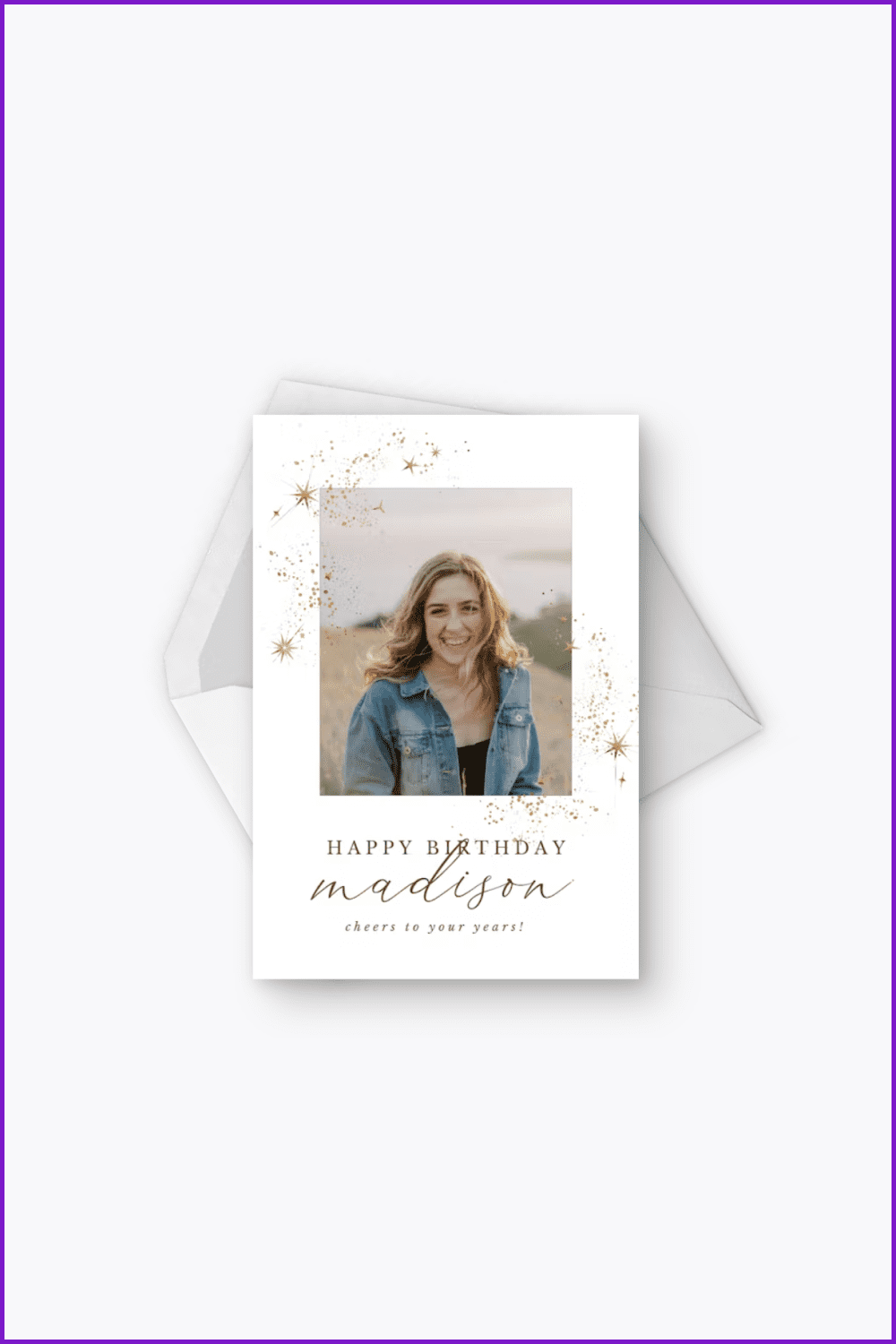 A neat birthday card with a photo of a girl and a short text.