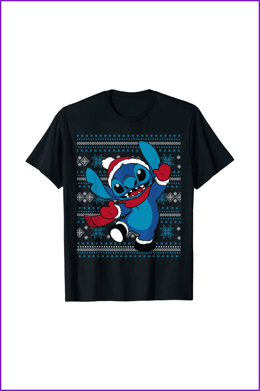 Black t-shirt with Stitch in winter clothes with a blue snowflakes pattern.