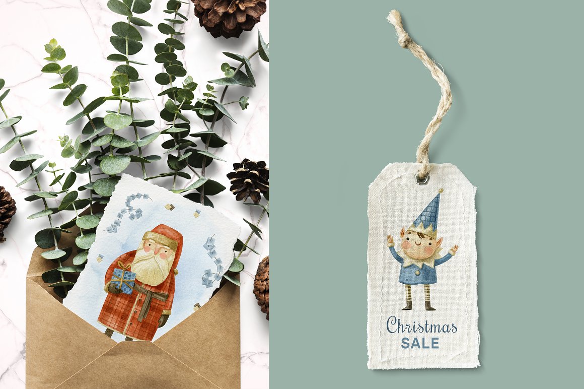 White label with an illustration of elf and blue lettering "Christmas sale" on a blue background and card with an illustration of santa in envelope with flowers.