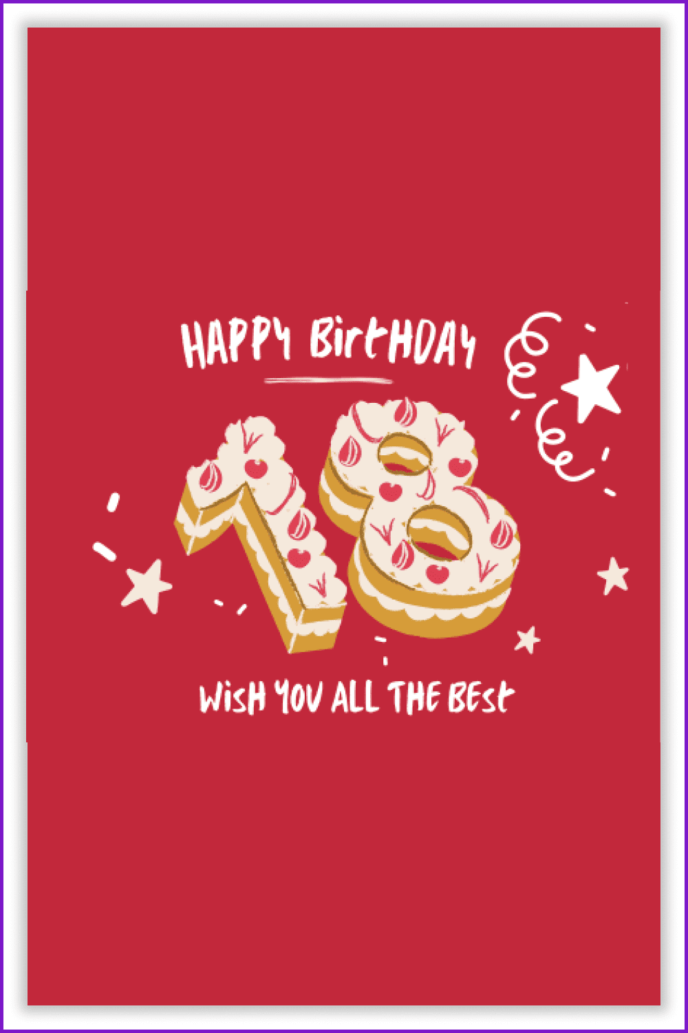 Birthday card with a cake in the form of the number 18 on a red background.