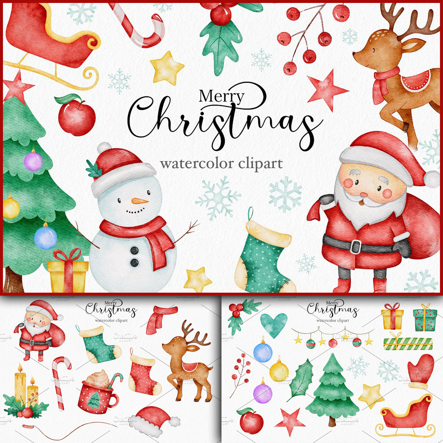 Merry Christmas watercolor clipart cover.