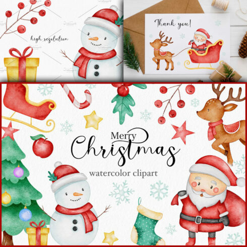 Merry Christmas watercolor clipart.