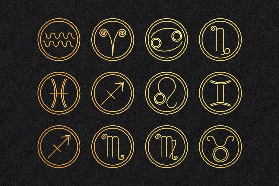 A set of 12 different golden zodiac signs on a black background.