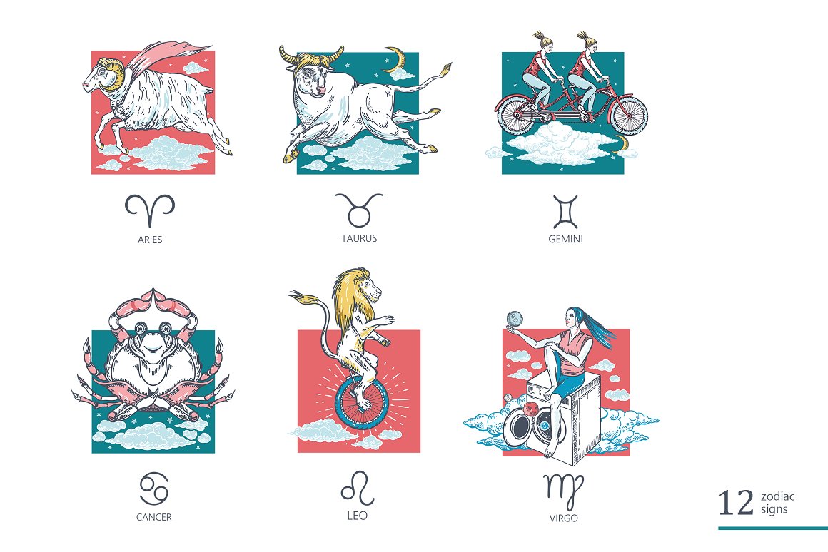 A set of 6 colorful illustrations with funny zodiac signs on a white background.