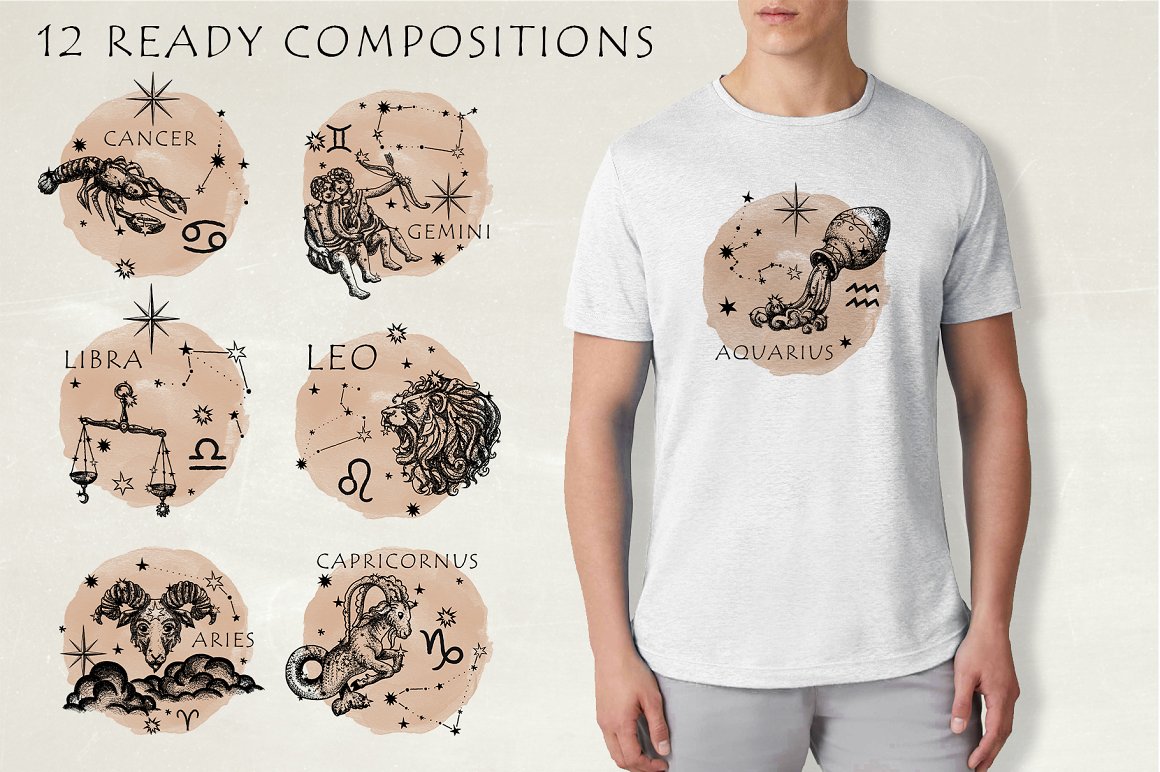 A set of 6 black-beige different ready zodiac compositions and white t-shirt with a zodiac composition on a man, on a gray background.