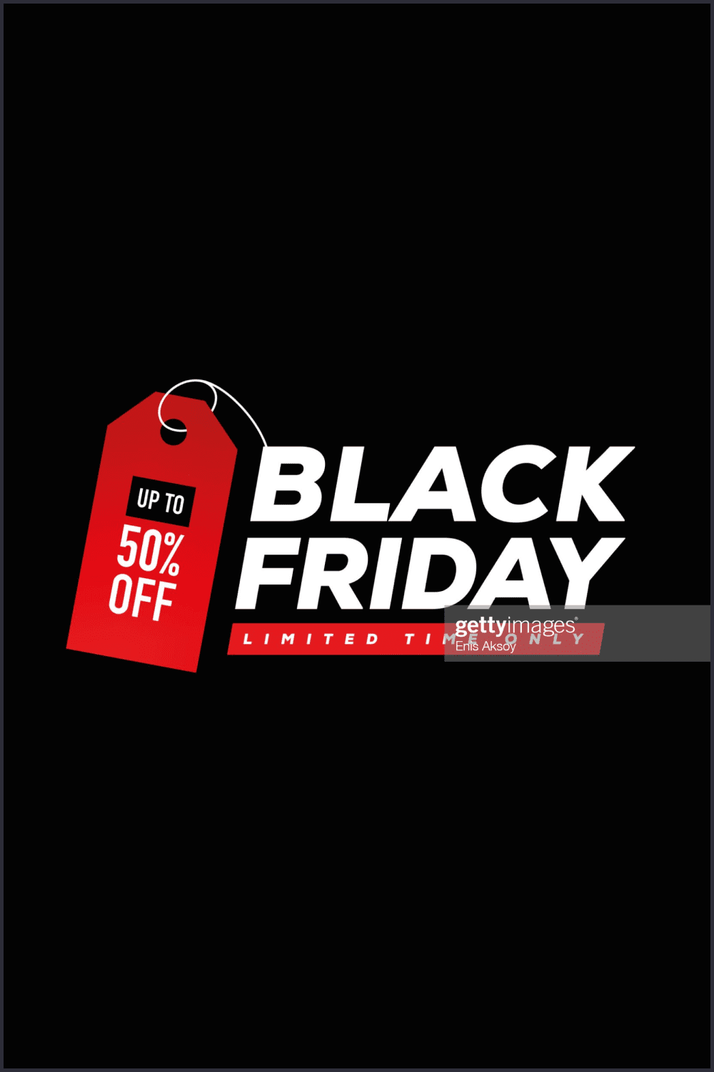 Red sticker with white text Black Friday on black background.