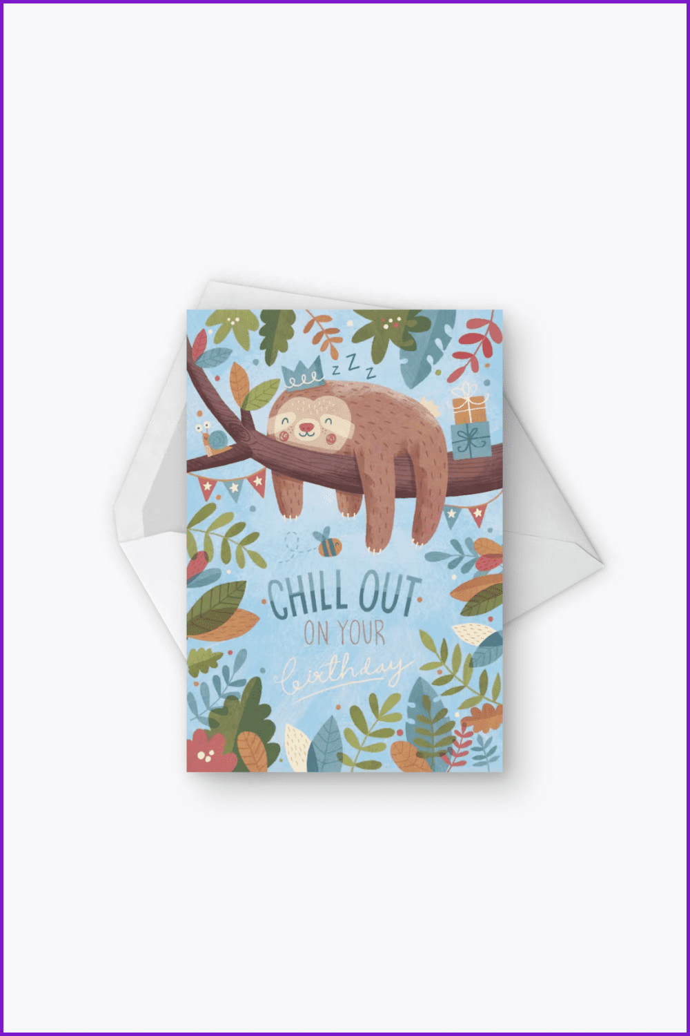 Blue card with a resting sloth with a crown on a tree branch.