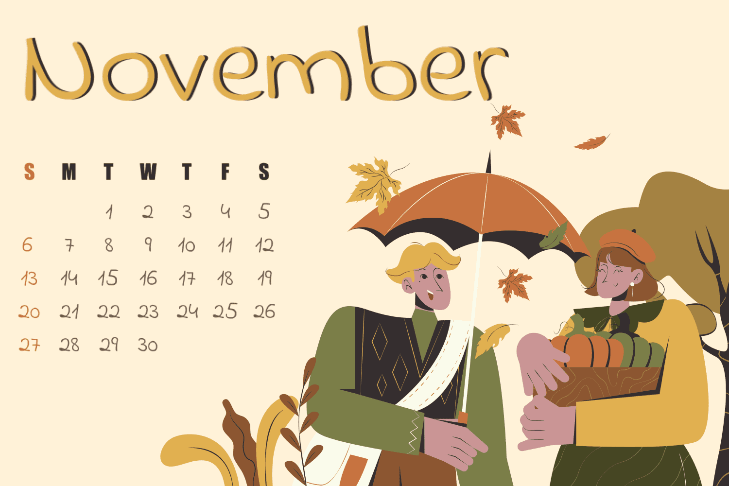 Calendar for november with drawn couple with umbrella, pumpkins and leaves on beige background.