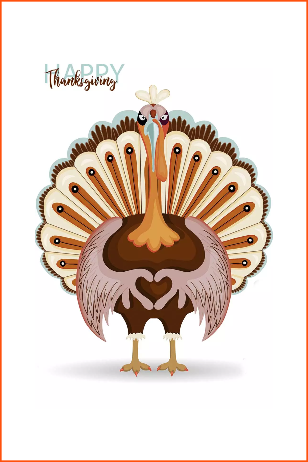 An image of a turkey that looks forward and depicts a heart with its wings.