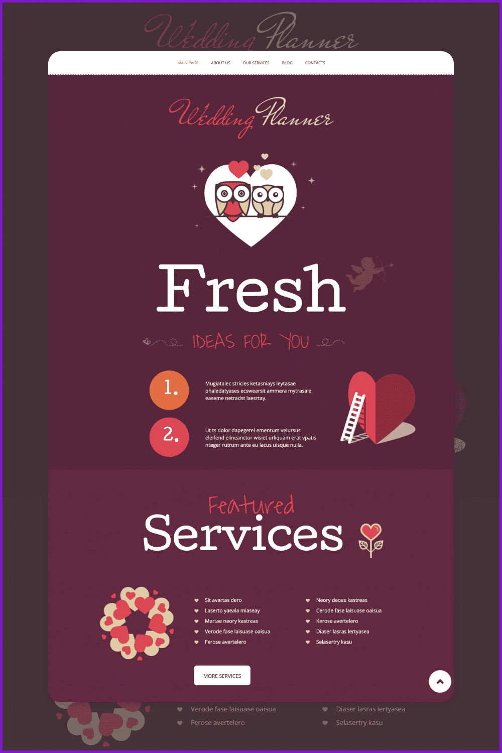 Screenshot of bordo website with Handwritten fonts, origami elements, hearts, and cupids make.