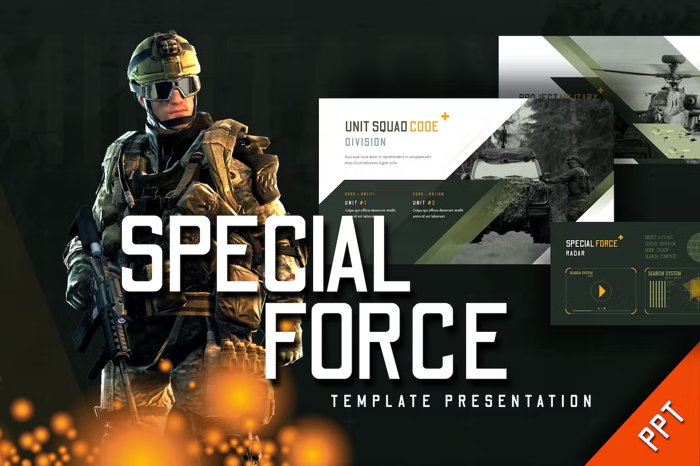 Cover - white lettering "Special Force Template Presentation" and special force image with different presentation templates on a dark green background.