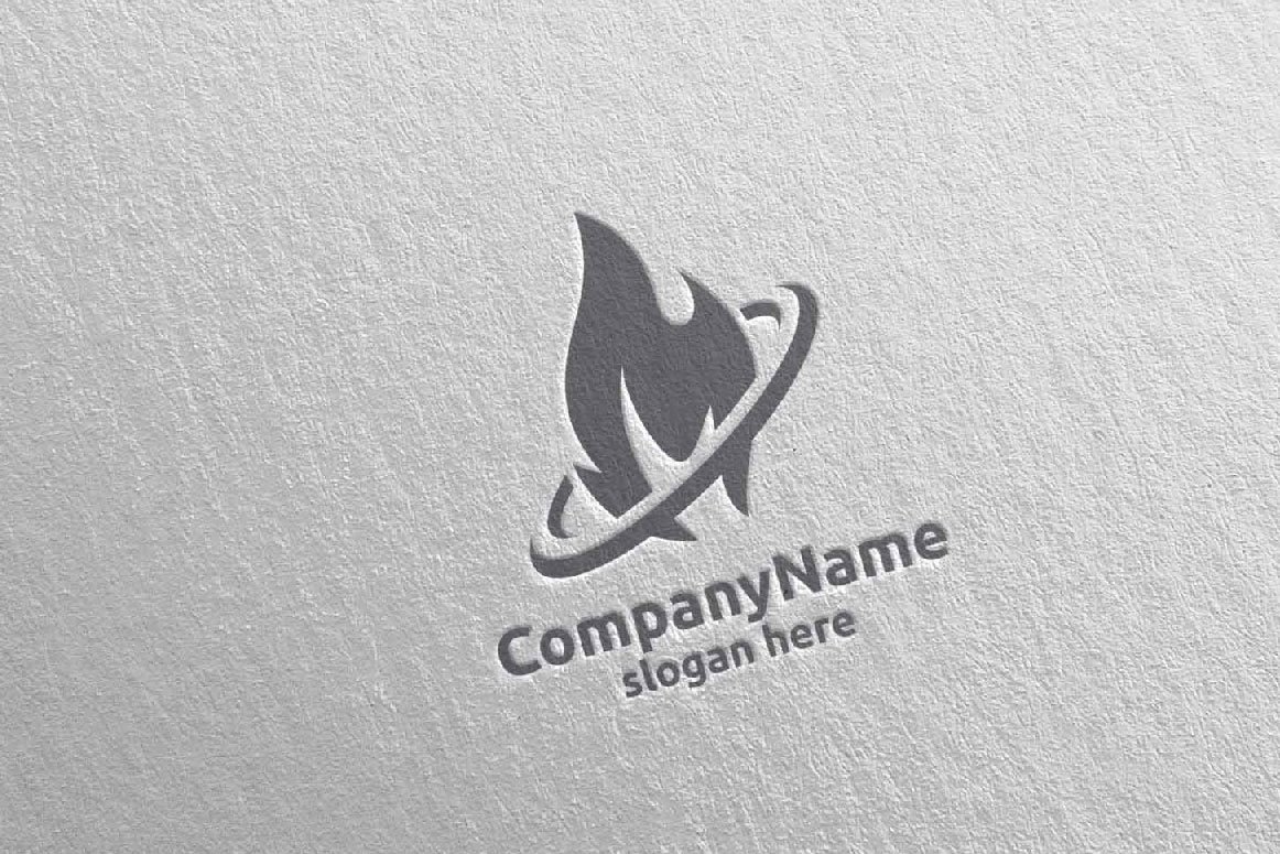 A gray 3D fire flame element logo and gray lettering "CompanyName slogan here" on a gray background.