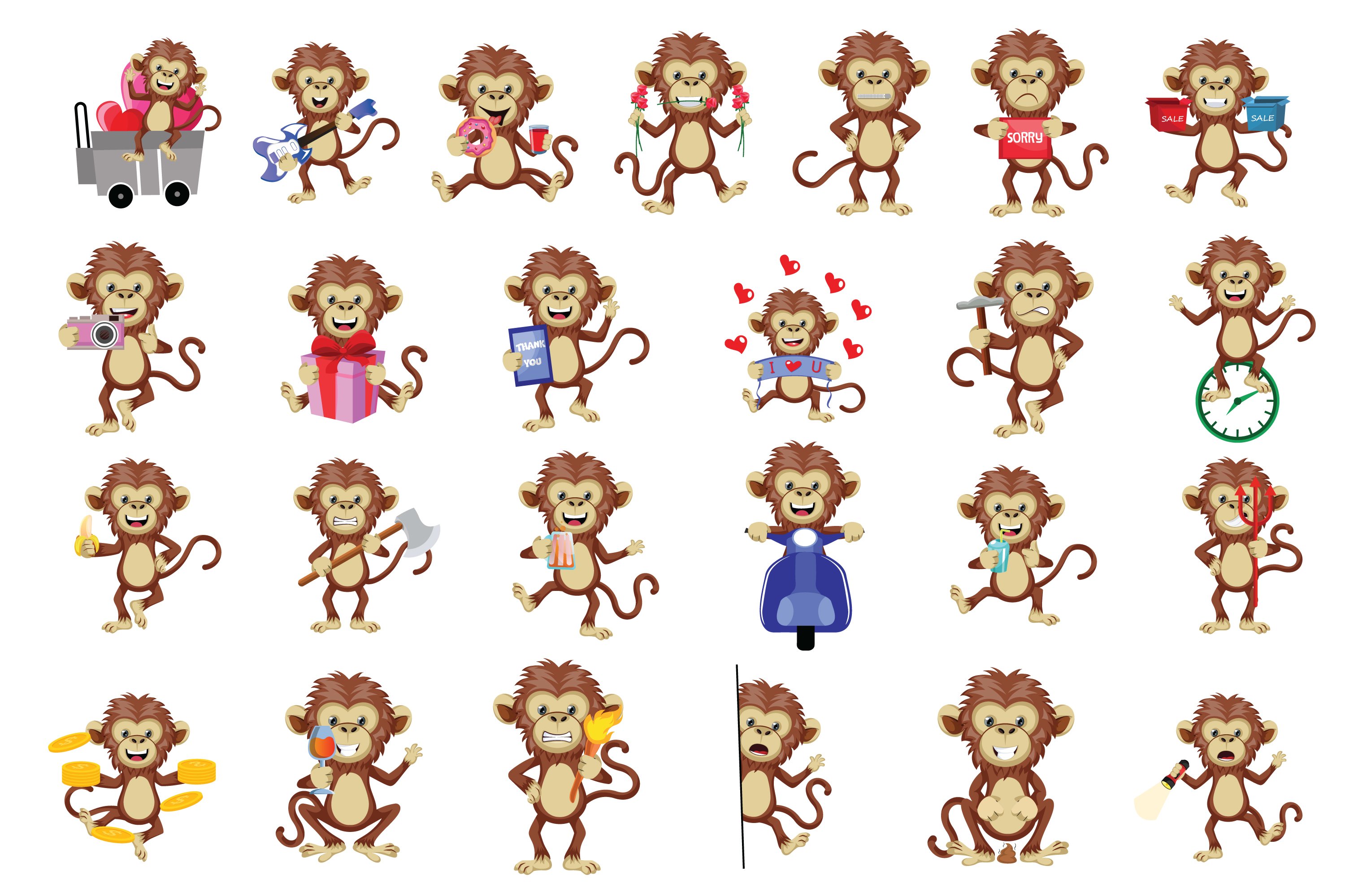 Cute small monkeys with the different emotions.