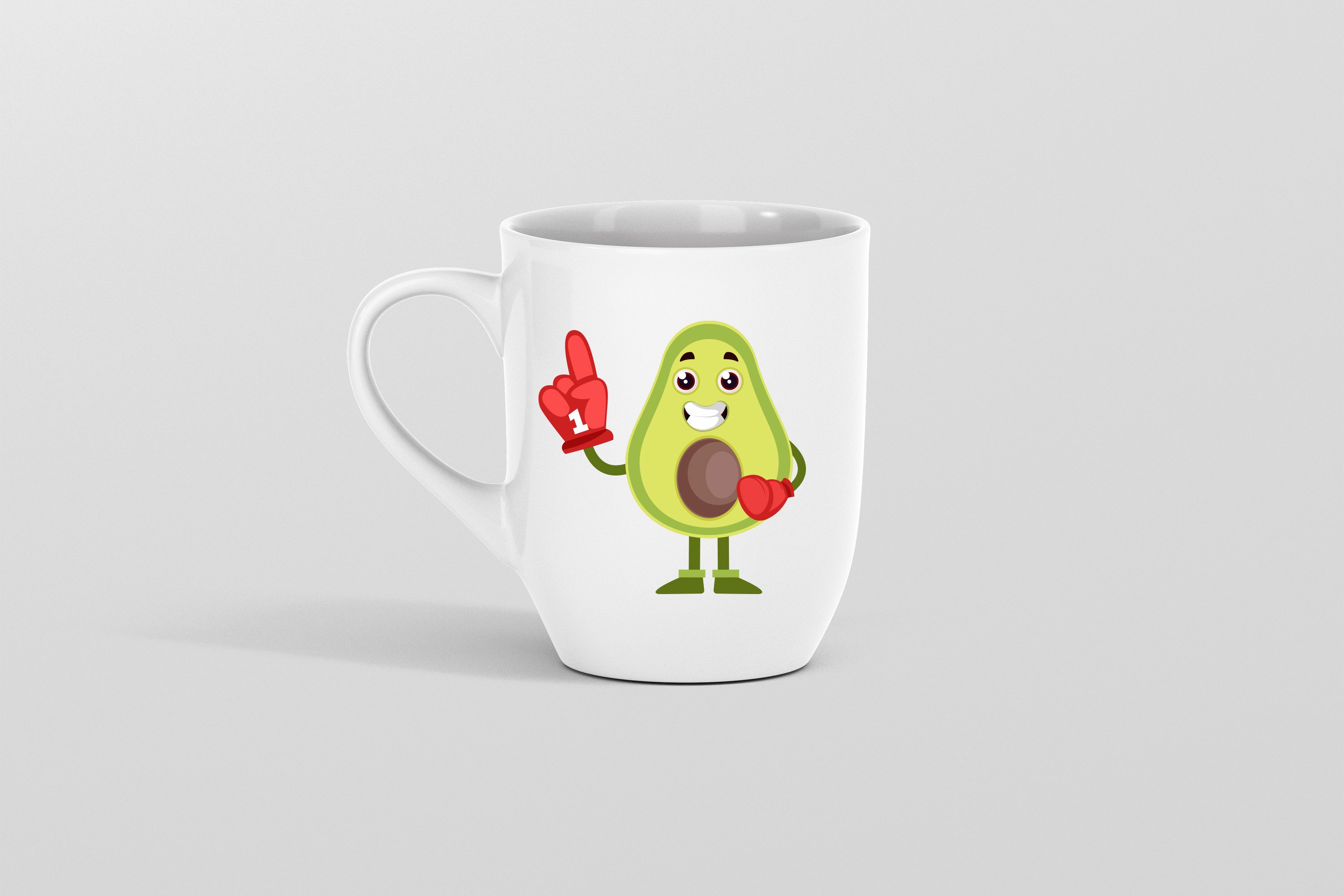 White cup with the avocado.