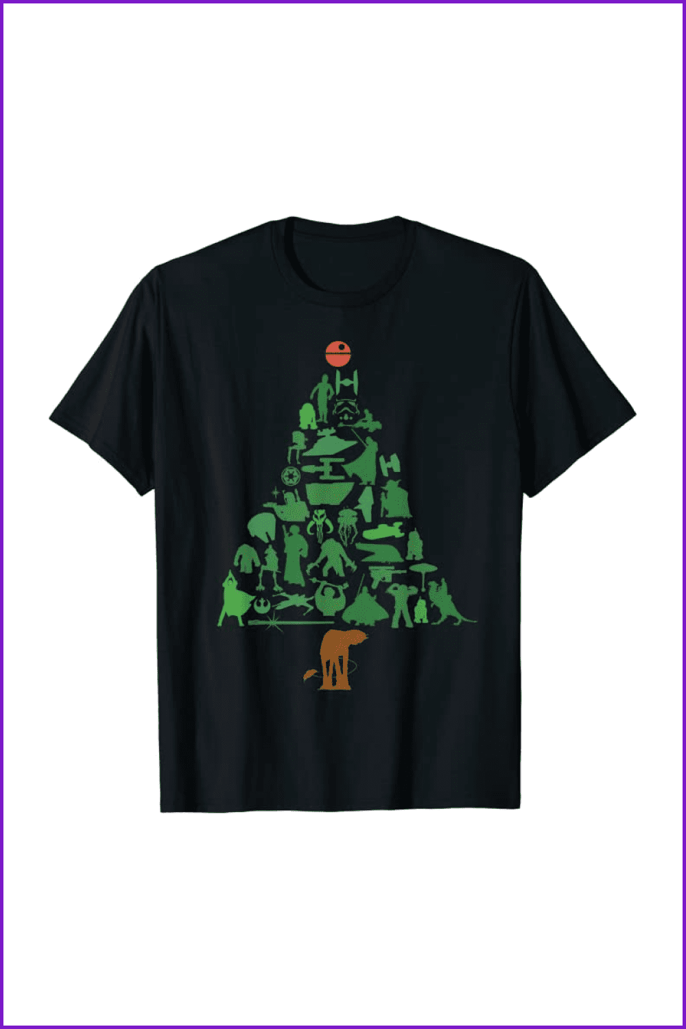 t-shirt with a Christmas tree and characters from the movie Star Wars.