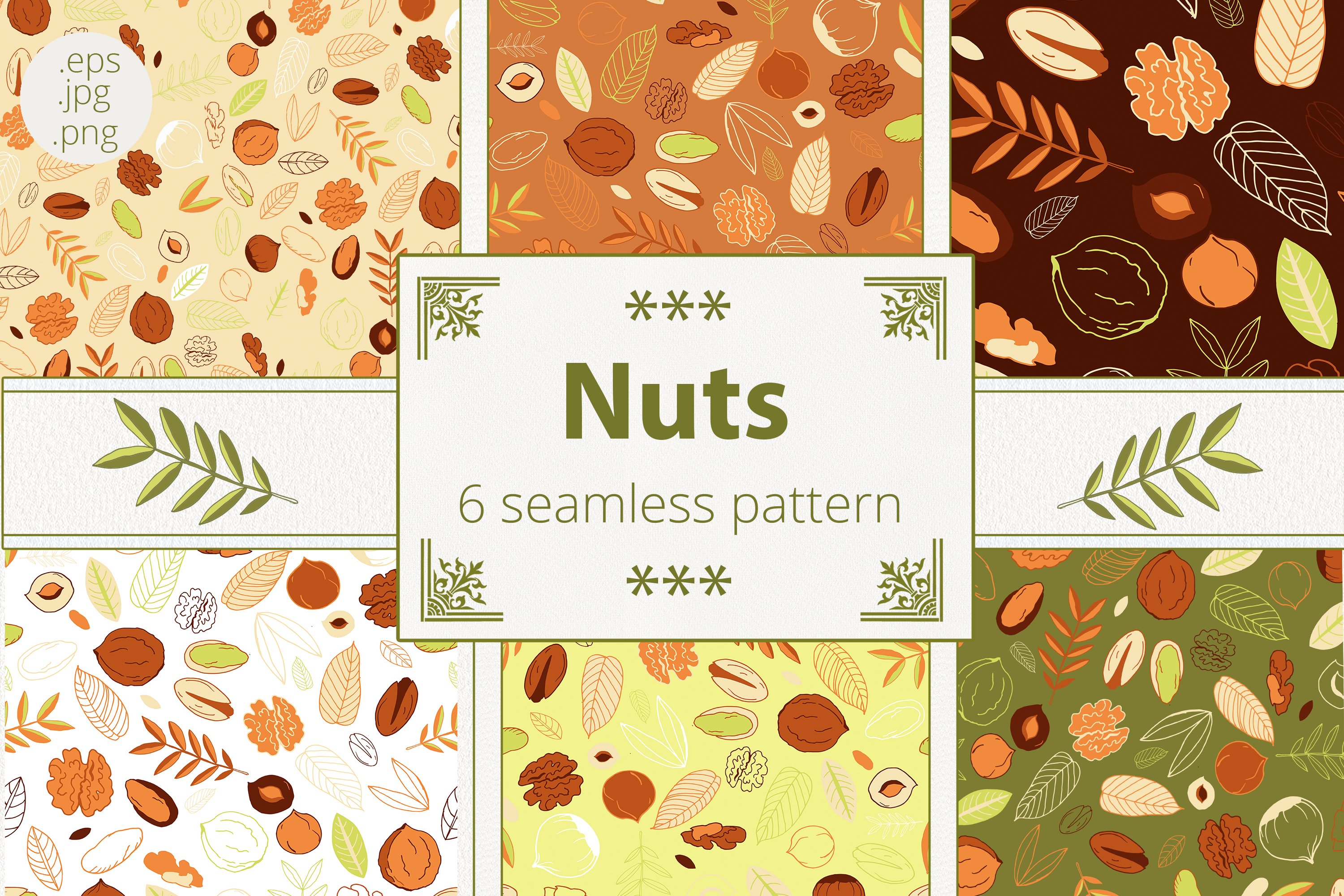 Green lettering "Nuts 6 Seamless Pattern" and different 6 seamless patterns on a white background.