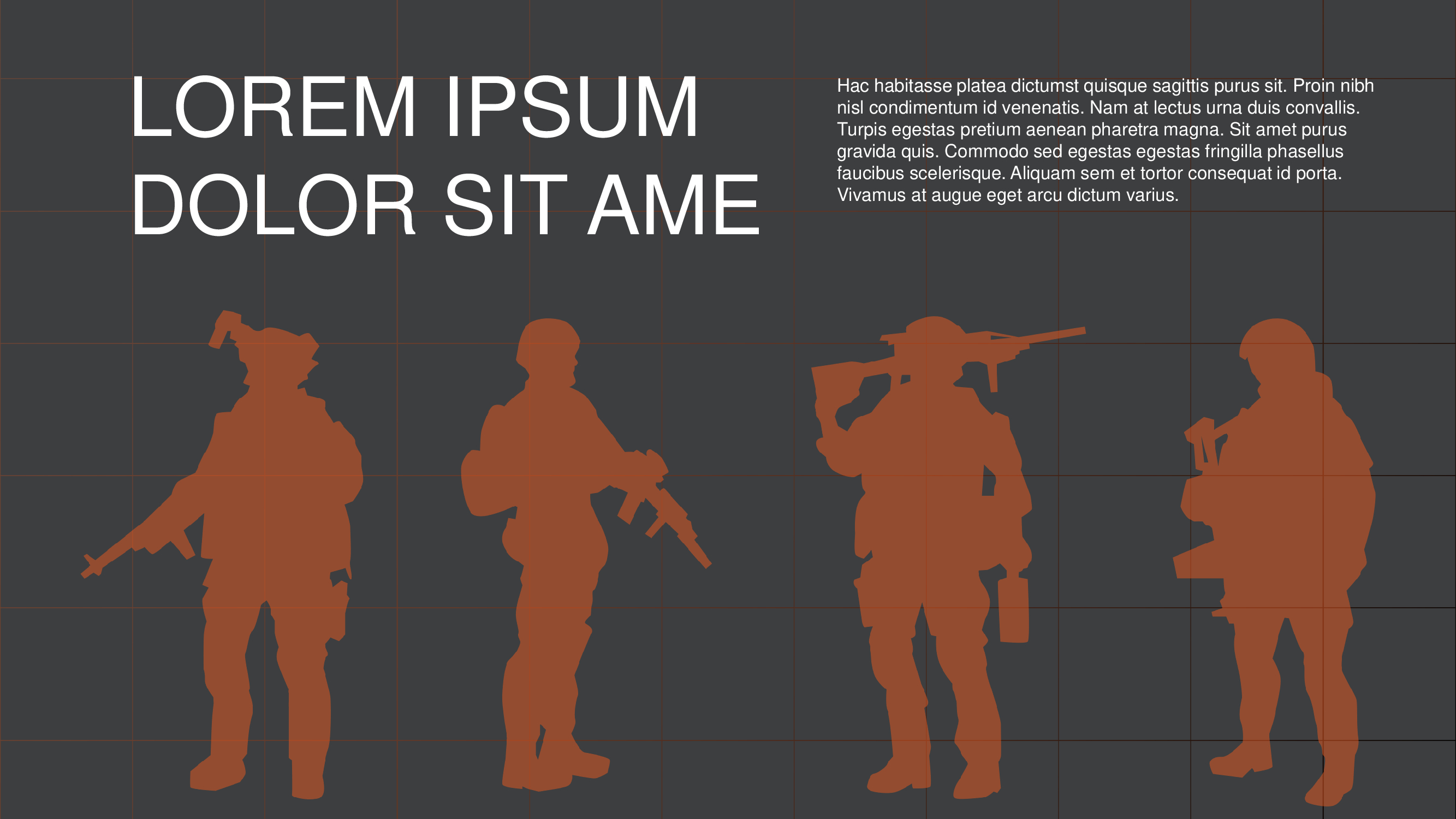 3 orange silhouette of an army and white lettering "LOrem ipsum dolor sit ame" on a gray background.