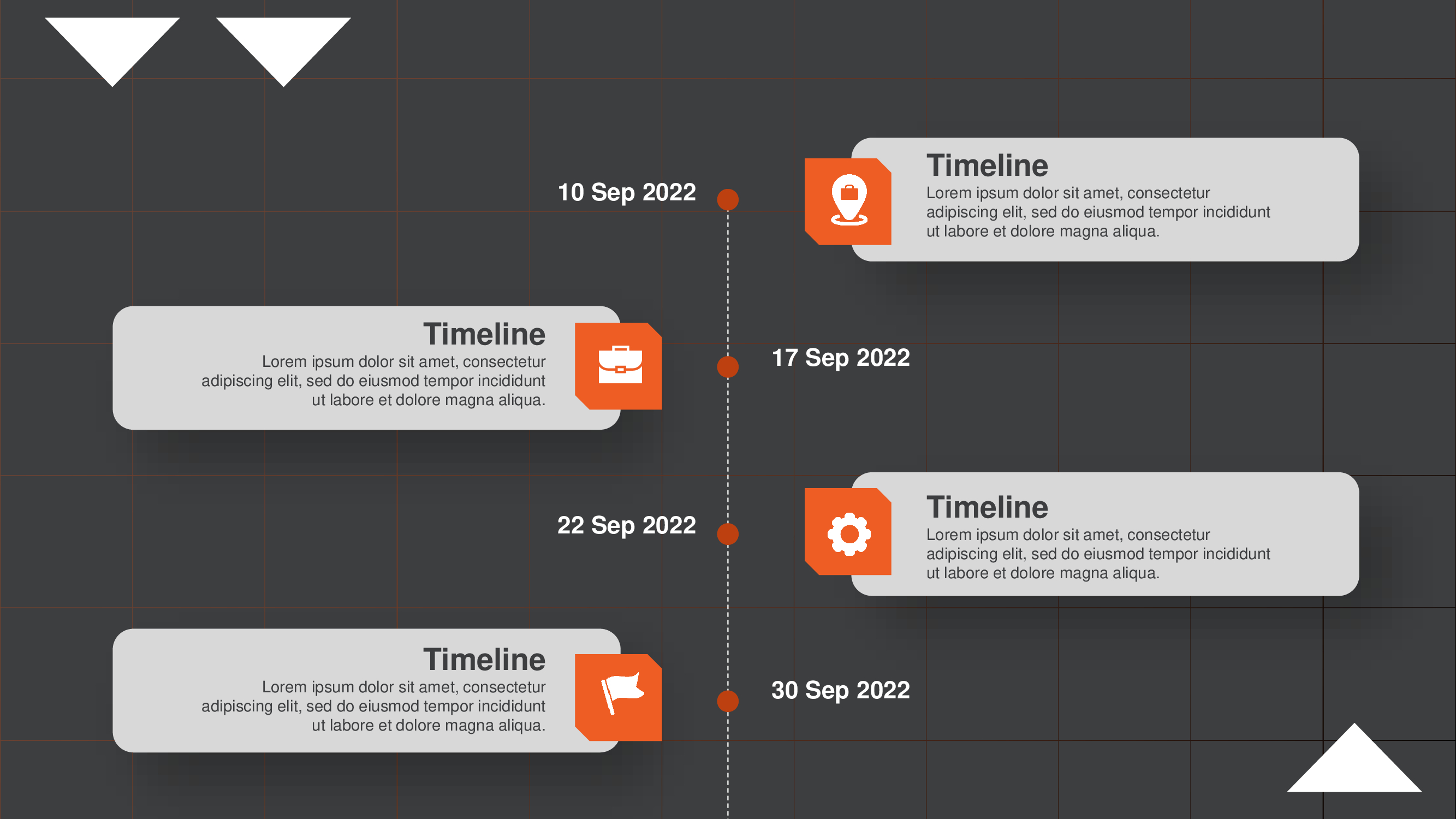 Orange and white timeline with 4 elements on a gray background.