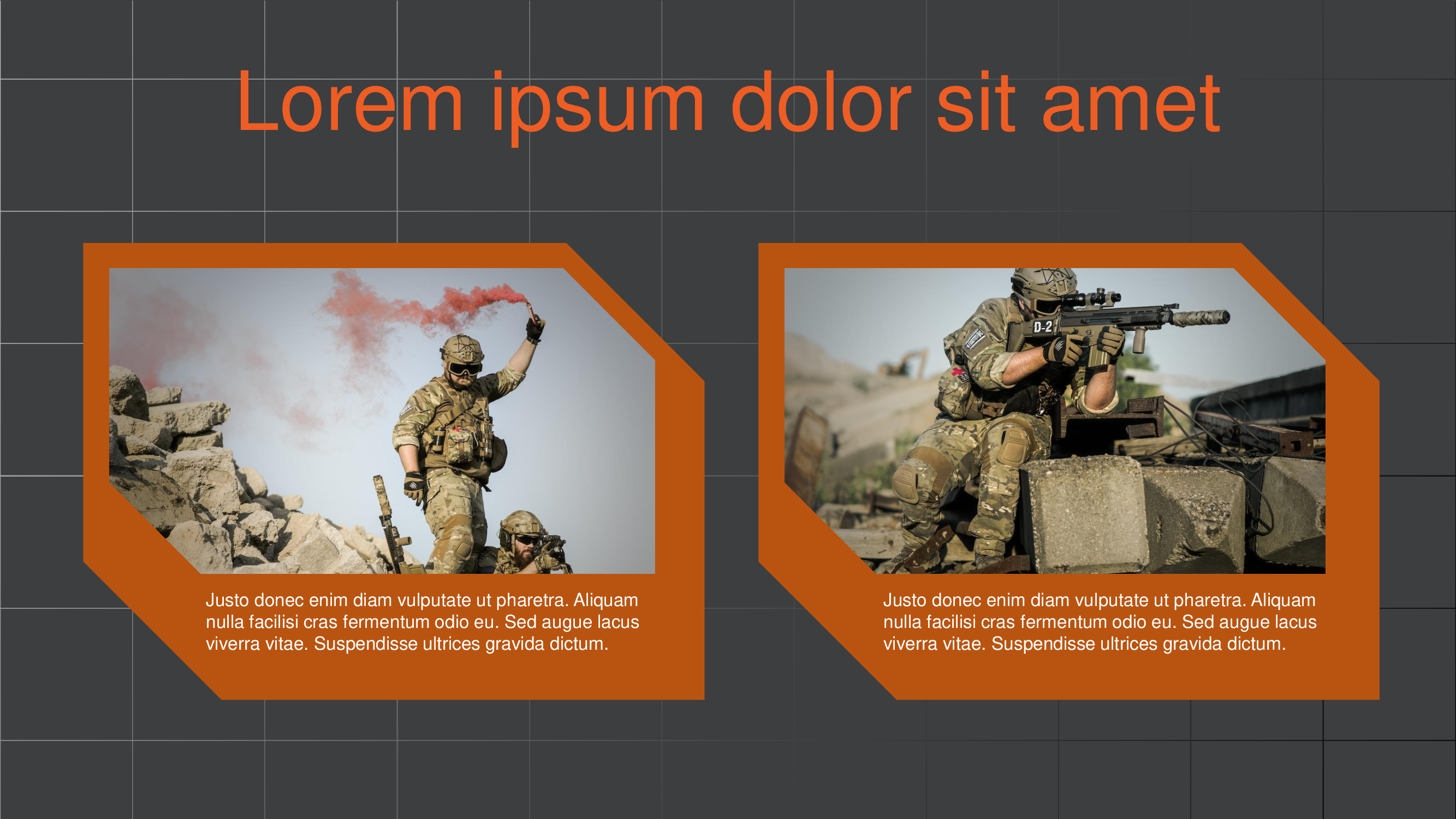 Orange lettering "Lorem ipsum dolor sit amet" and 2 photos with army on a gray background.