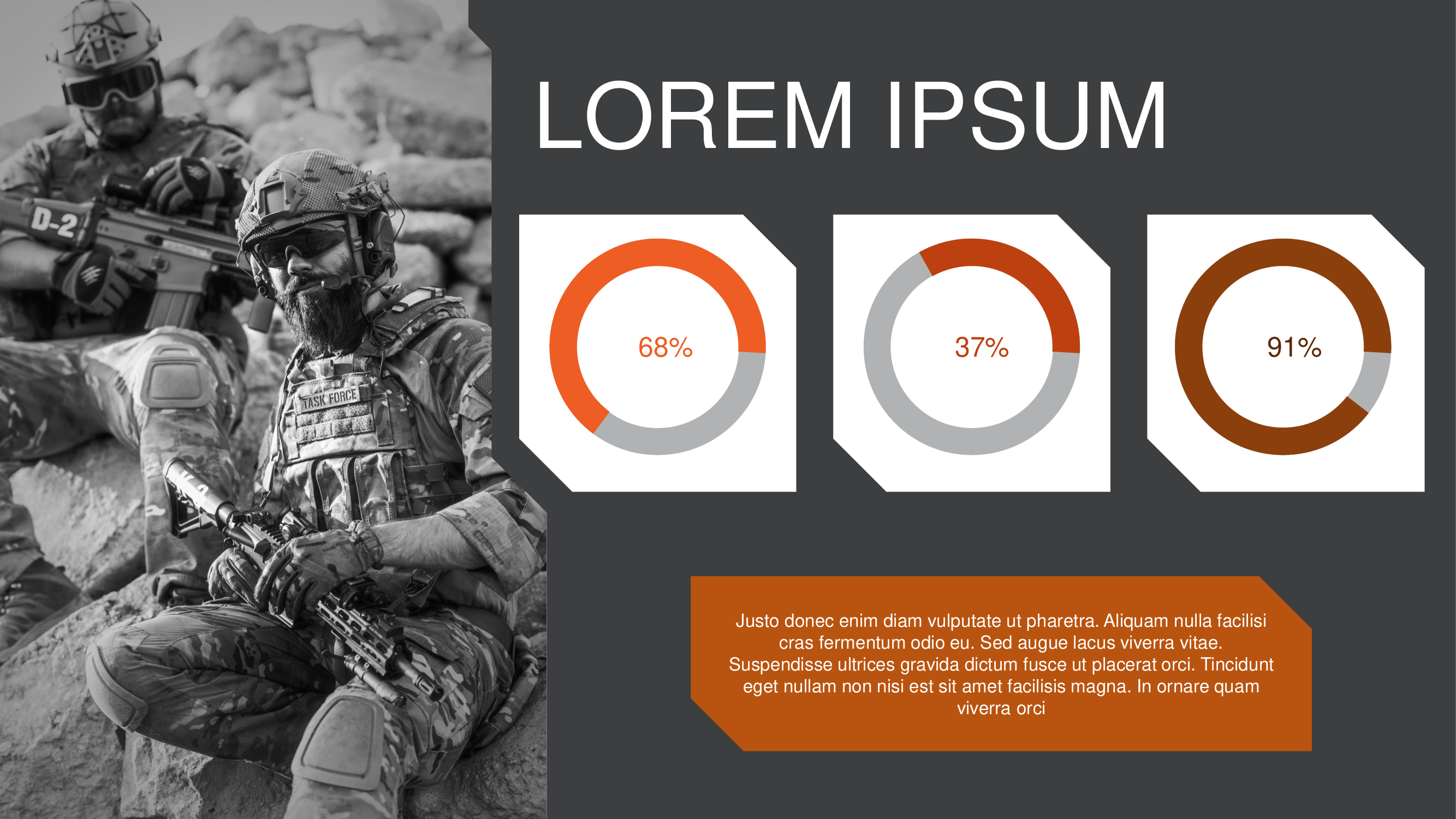 White lettering "Lorem ipsum", picture of army and 3 diagram with percentage on a gray background.