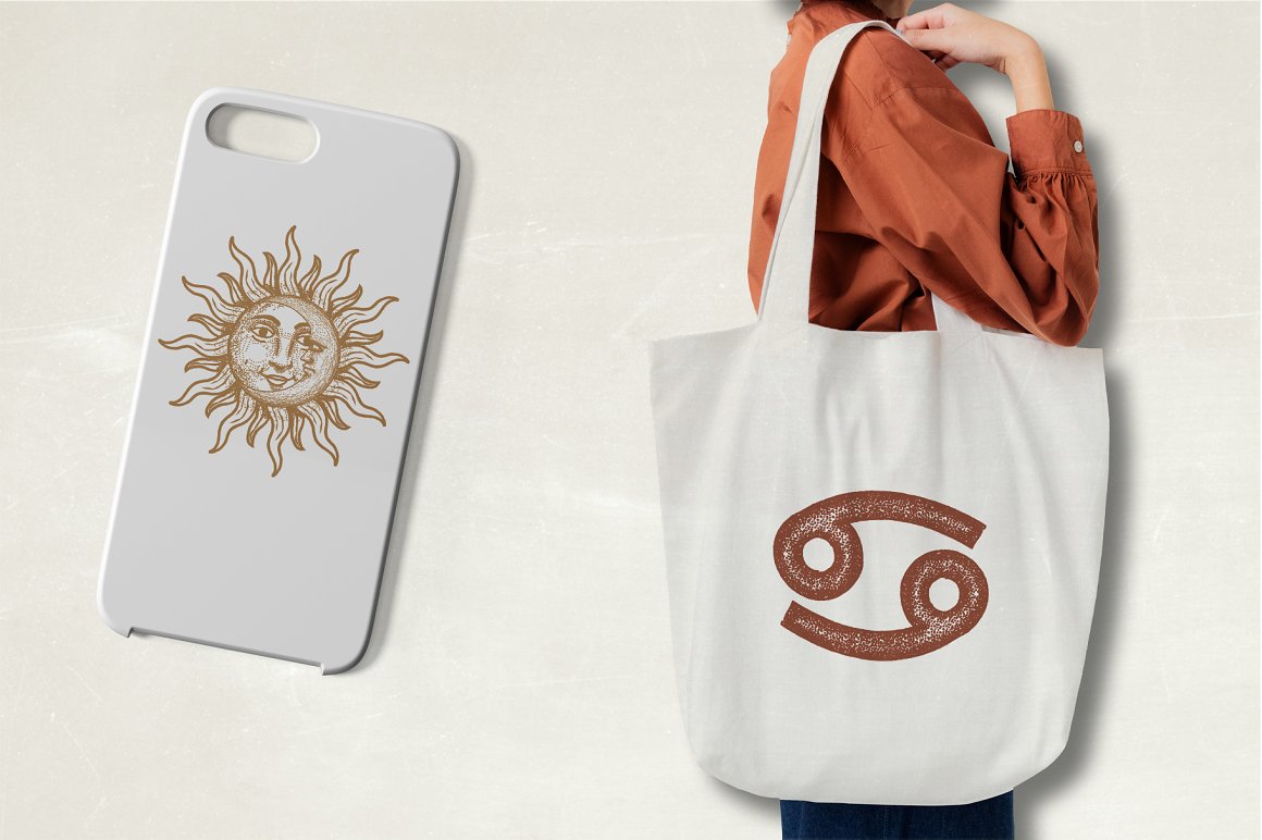 White Iphone case with an illustration of a sun and a white shopping bag with a zodiac sign on a girl, on a gray background.