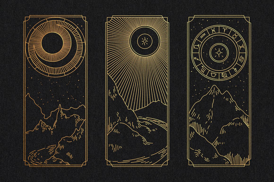 A set of 3 different golden tarot card illustrations on a black background.