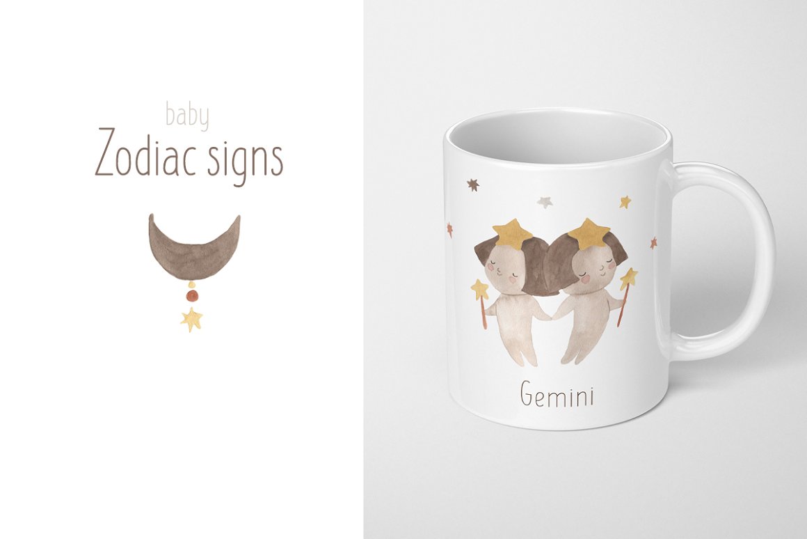 Brown lettering "Baby Zodiac Signs" and watercolor illustration on a white background and white cup with watercolor illustration of zodiac sign - gemini on a gray background.