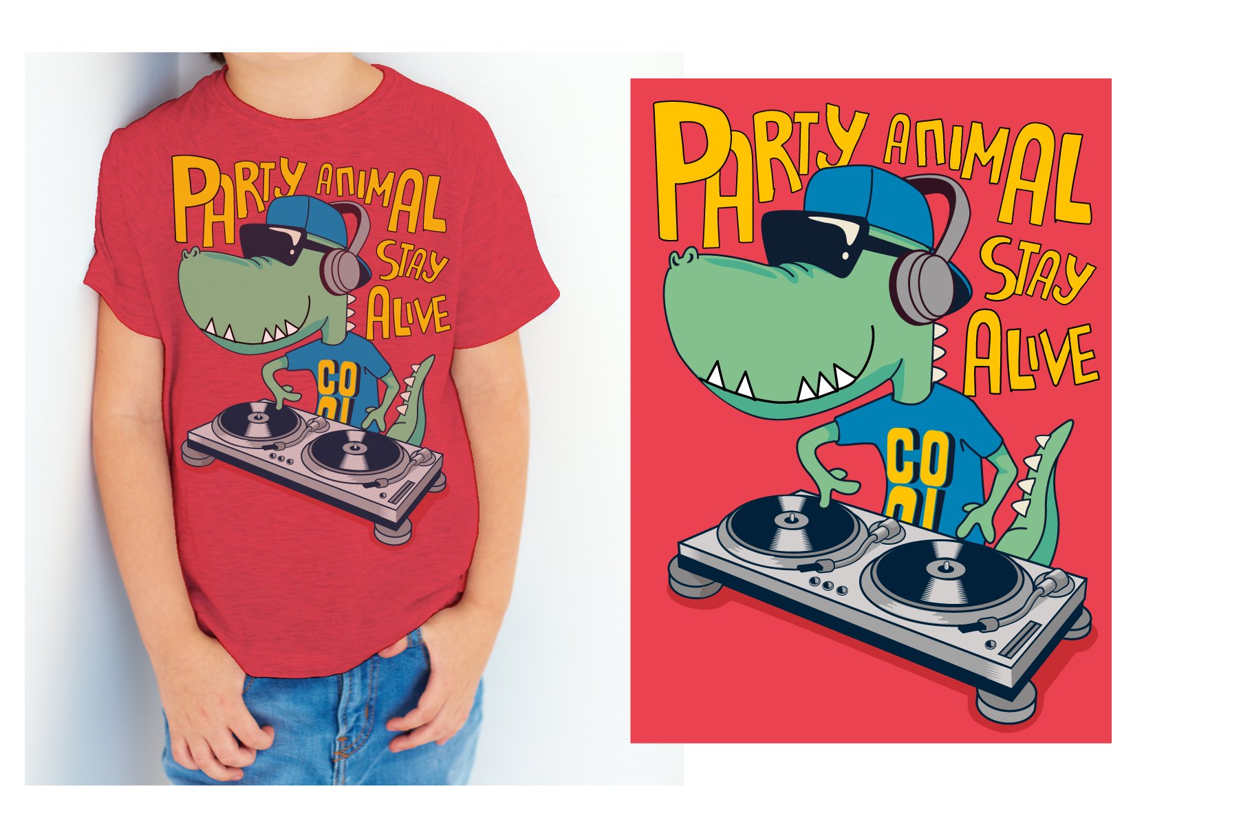 Red t-shirt with the hipster dinosaur.