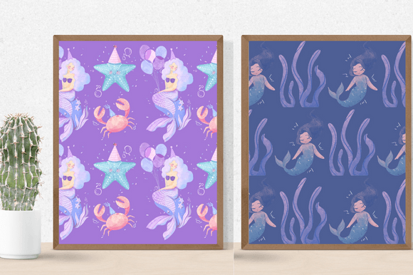 Two purple patterns with the mermaid.