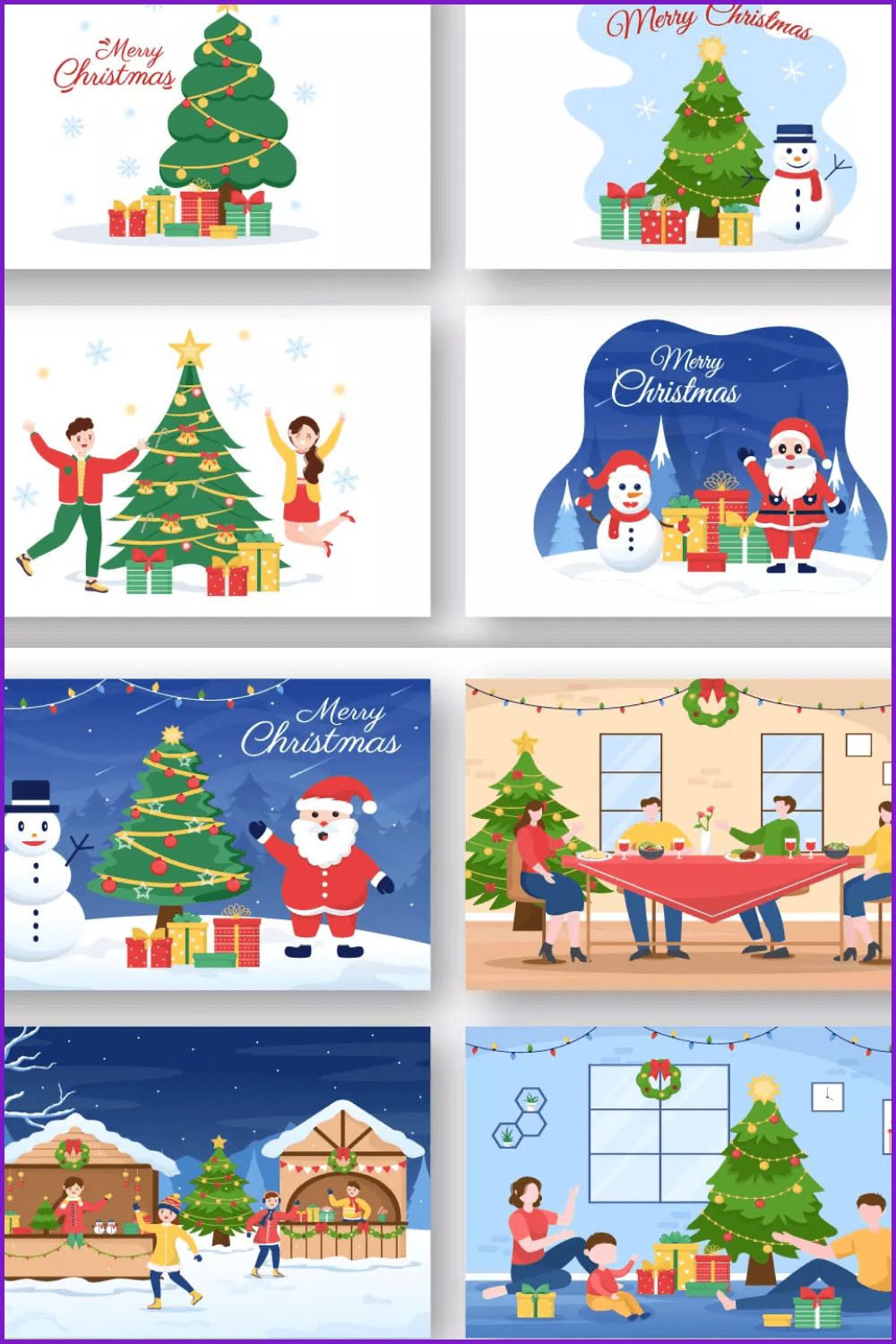 Collage of images of Christmas trees, snowmen, family, Santa Claus.