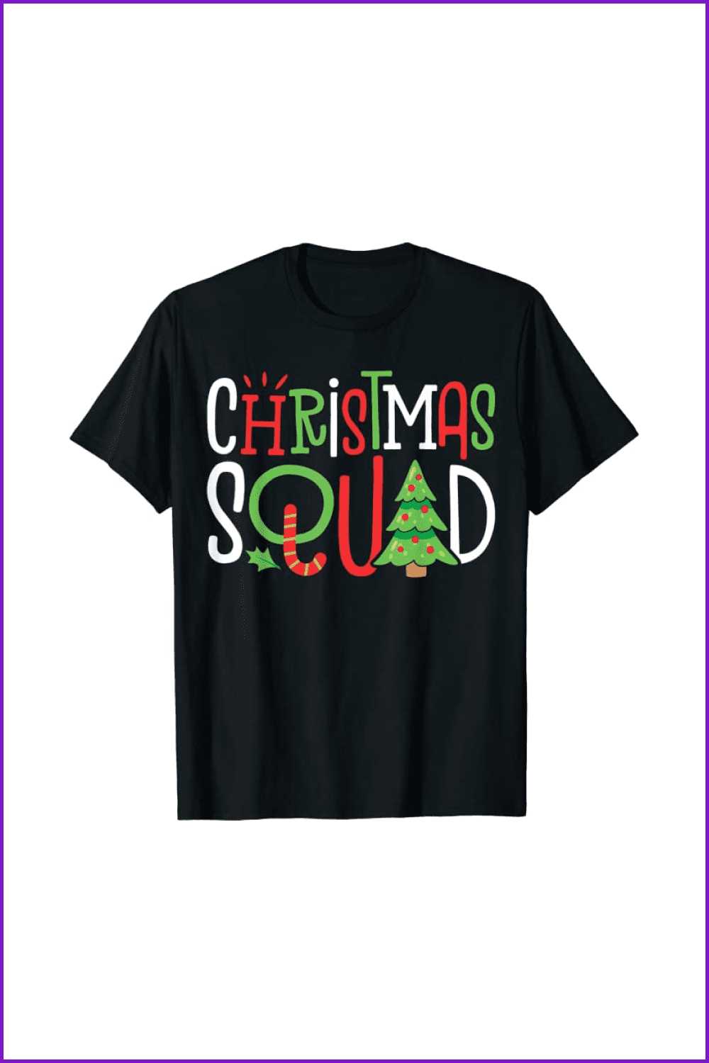 Black t-shшке with combination of white, red, and green letters and interesting holiday symbols.