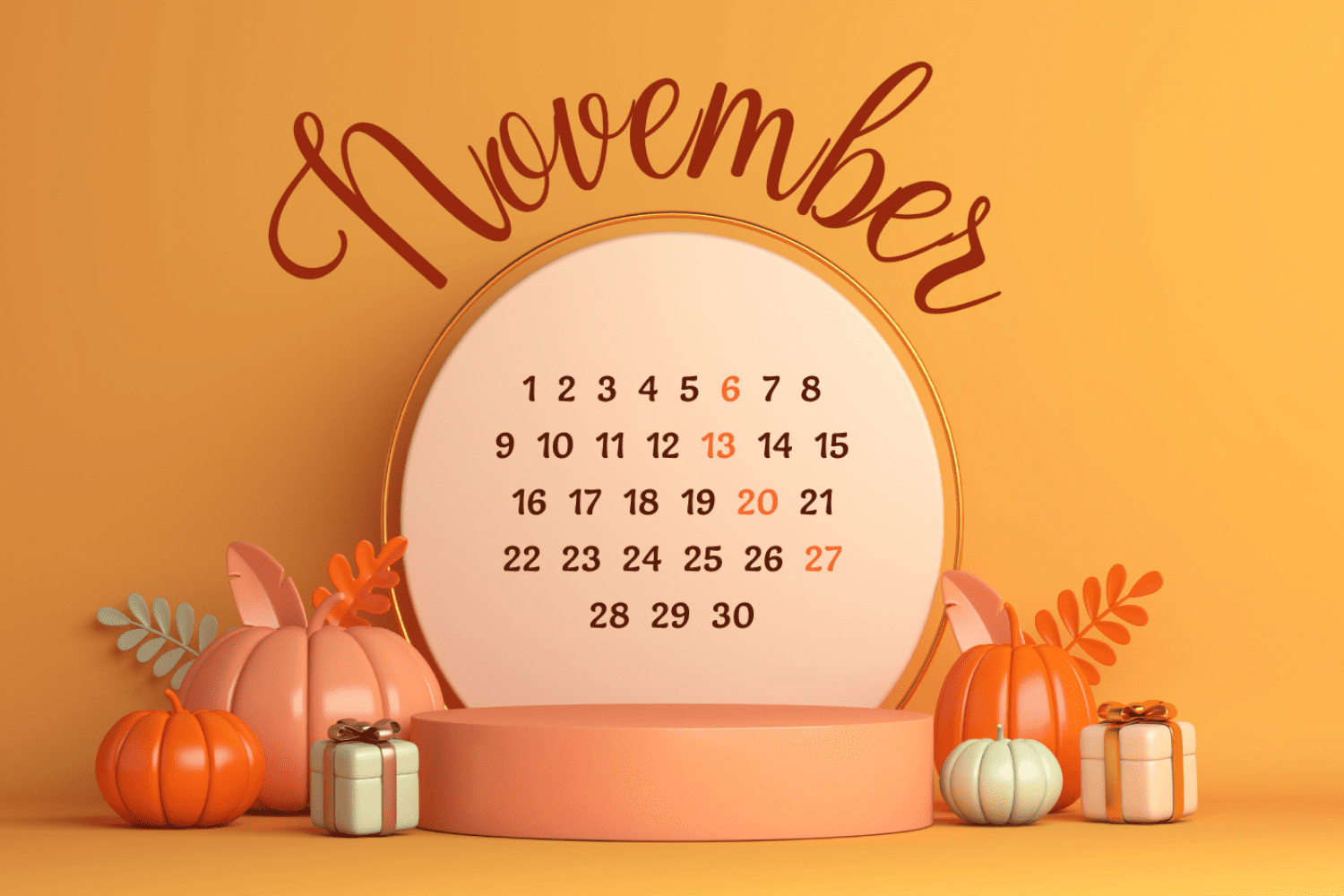 Calendar for November in a circle next to which there are toy pumpkins and gifts.