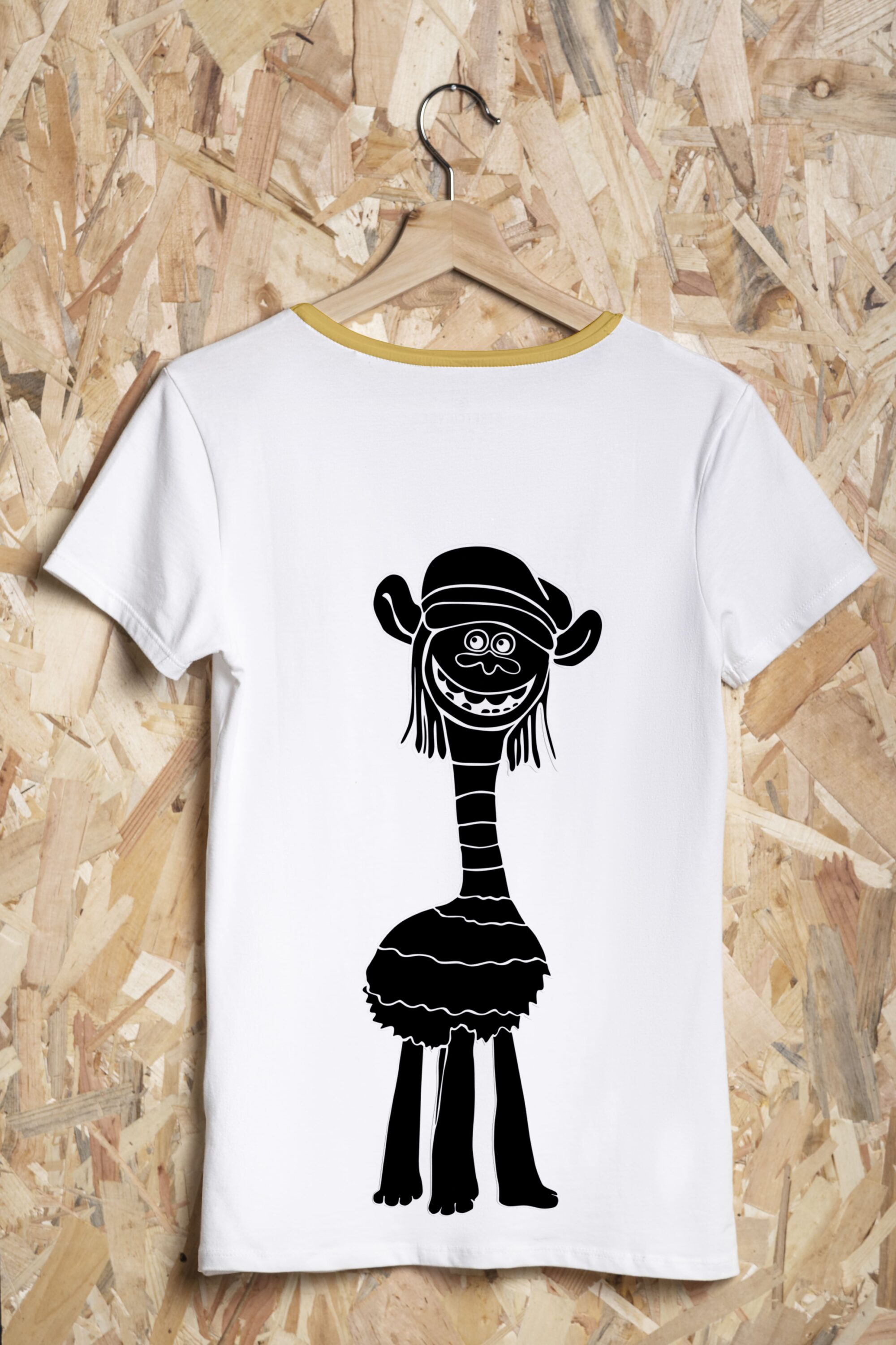 White T-shirt with dirty yellow collar and a monochrome image of a cartoon character - Cooper.