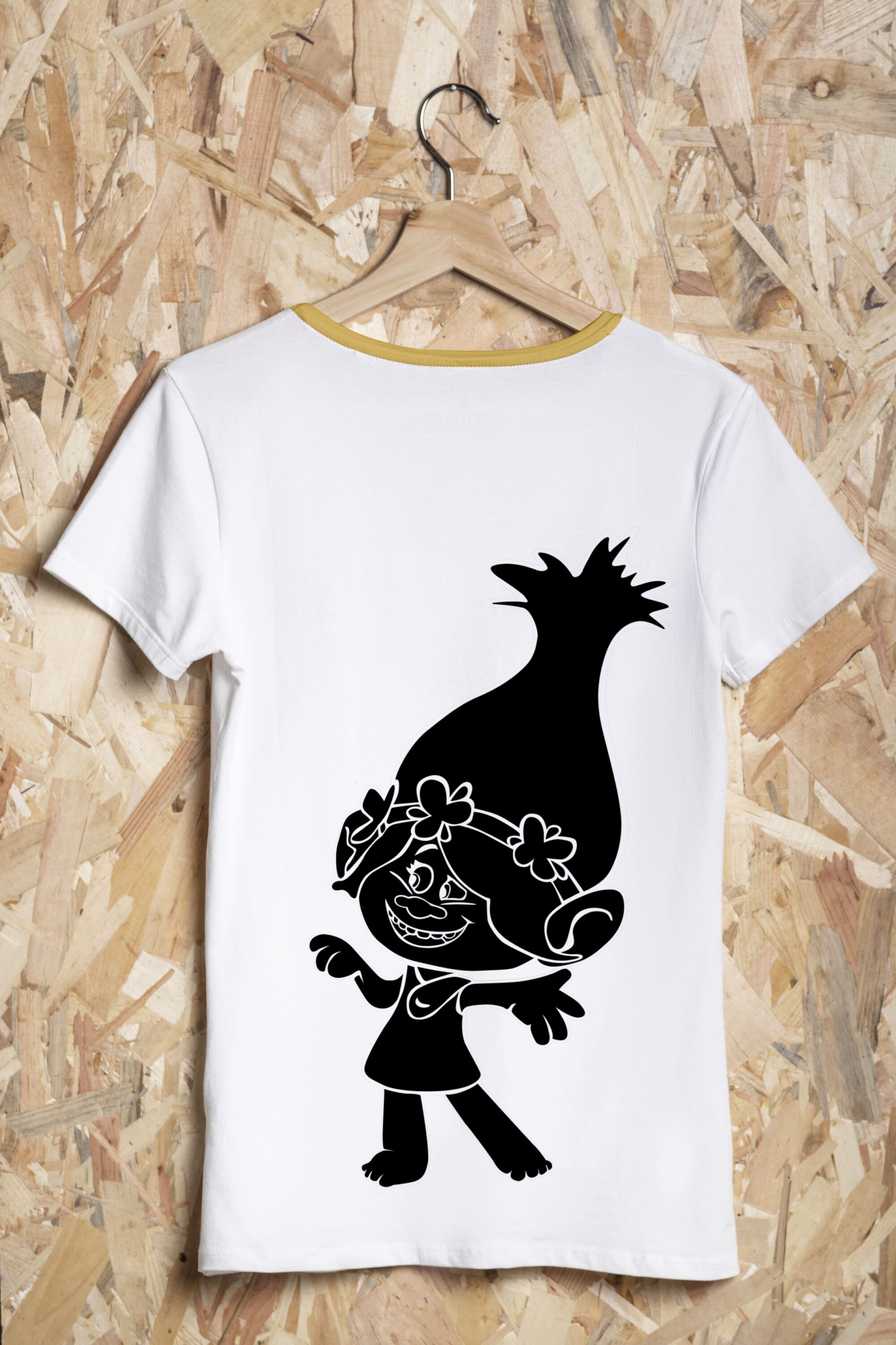White T-shirt with dirty yellow collar and a monochrome image of a cartoon character - Poppy.