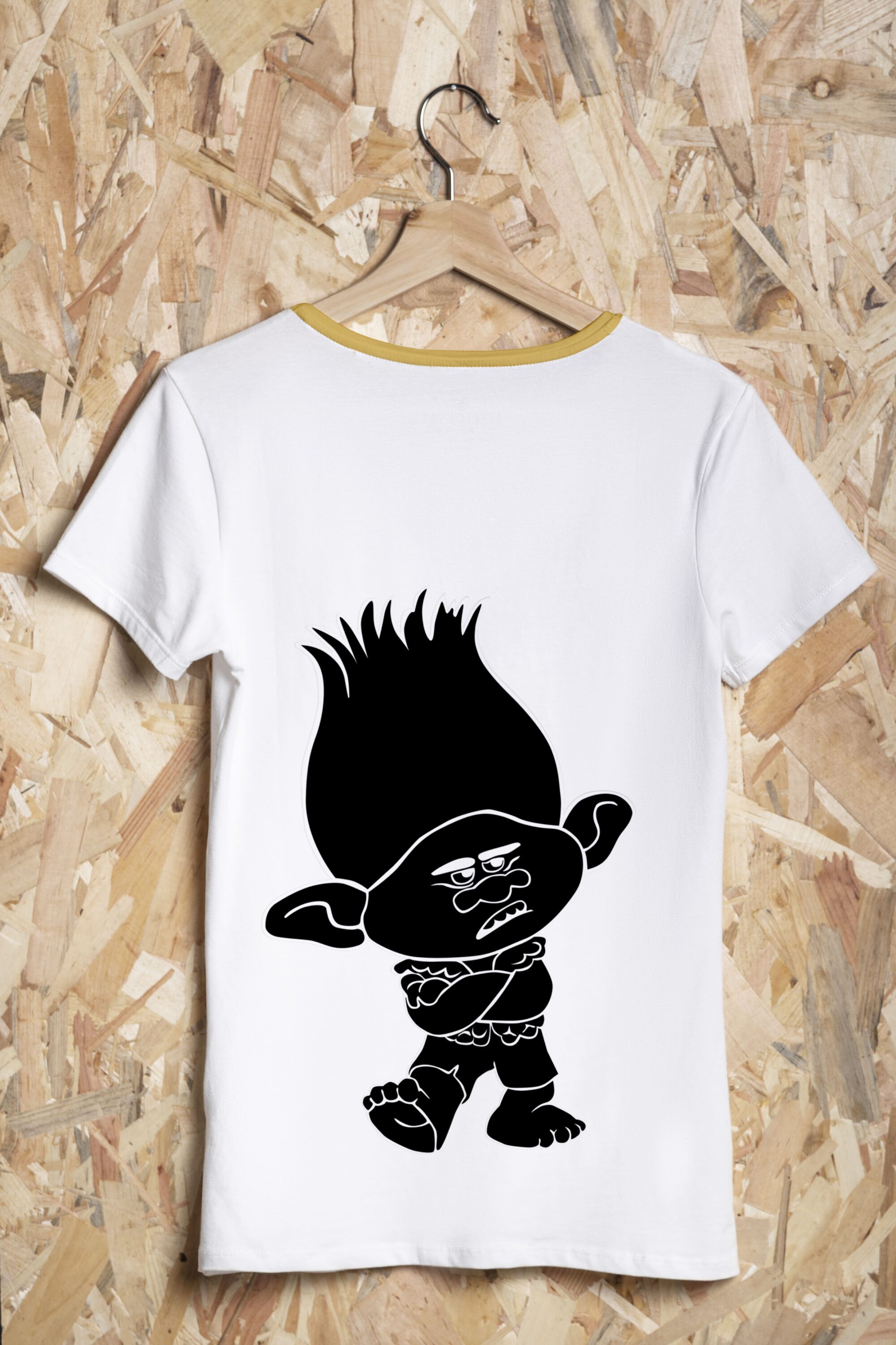 White T-shirt with dirty yellow collar and a monochrome image of a cartoon character - Branch.