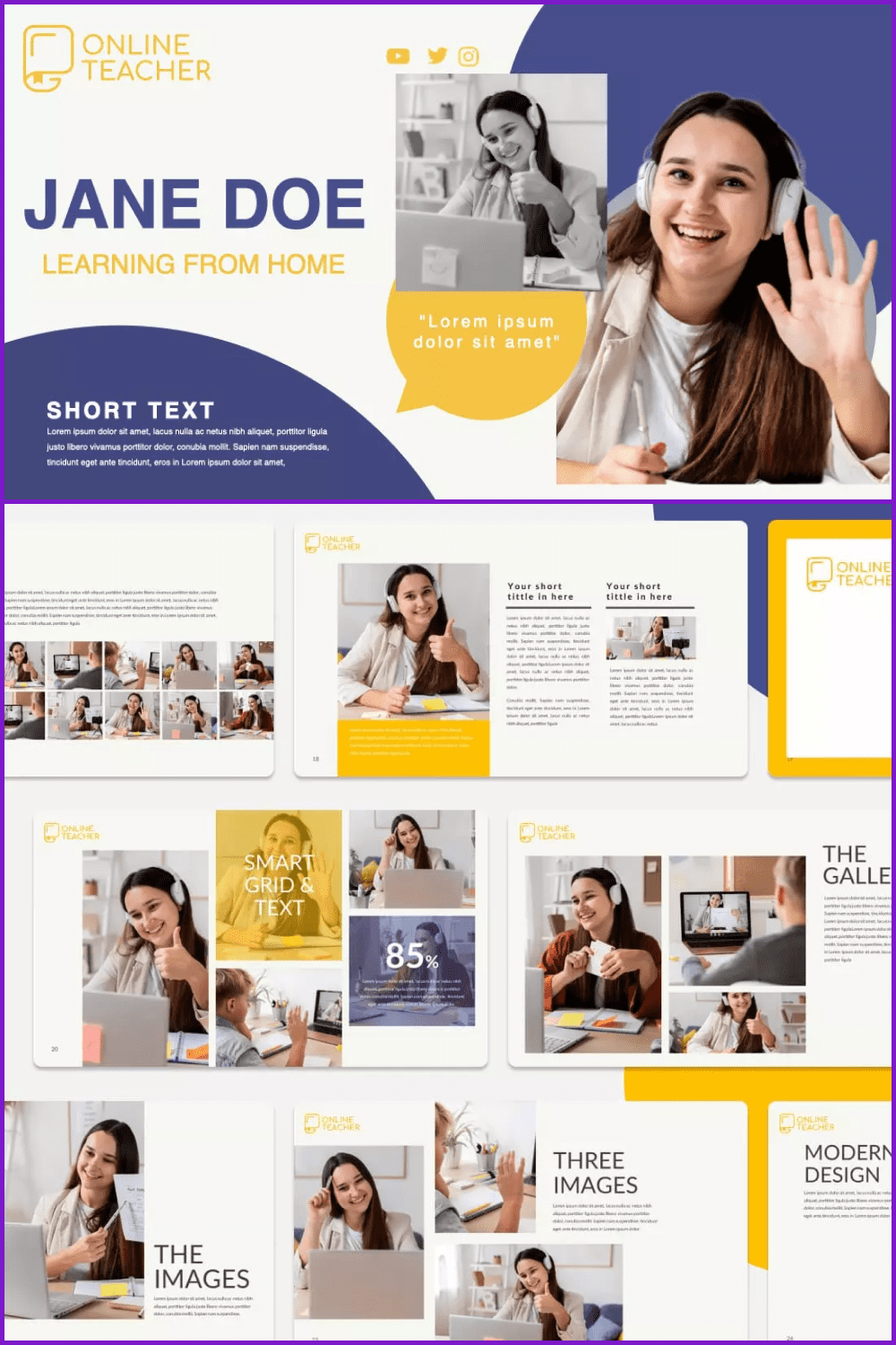 Collage of presentation pages with a white background and yellow and blue accents and photos of teachers.