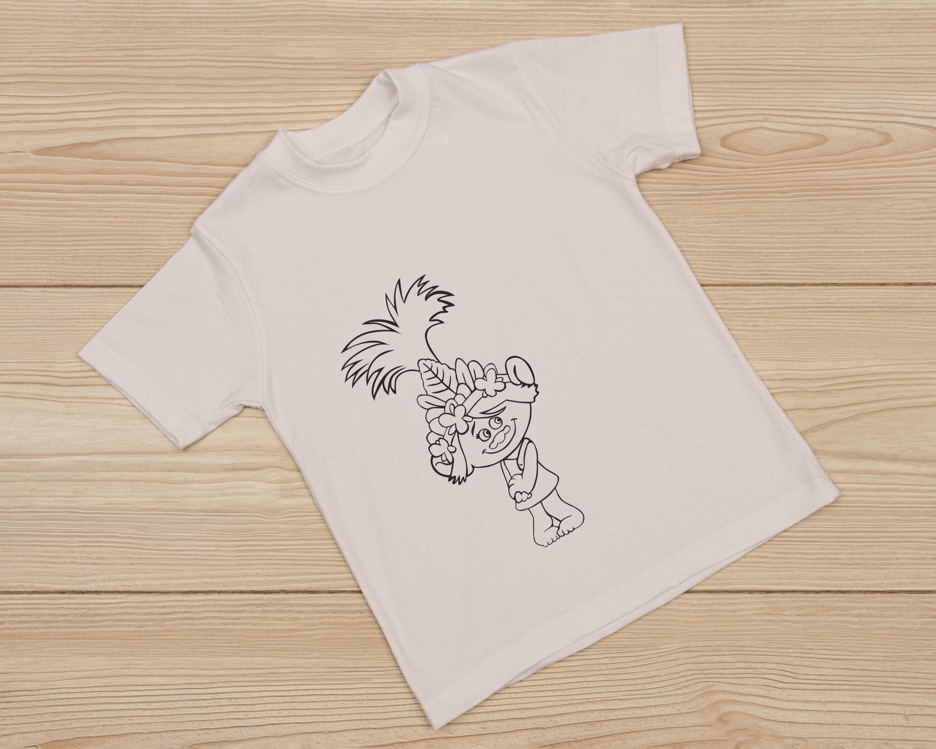 White T-shirt with a black outline of a cartoon character - Poppy.