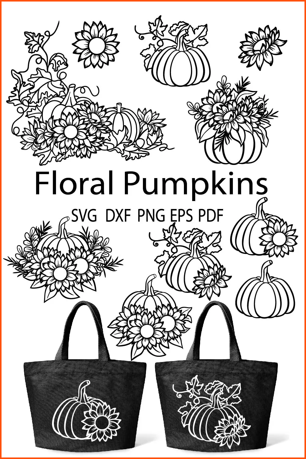 Black and white patterns of sunflowers, pumpkins, leaves and black bags with white pumpkins.