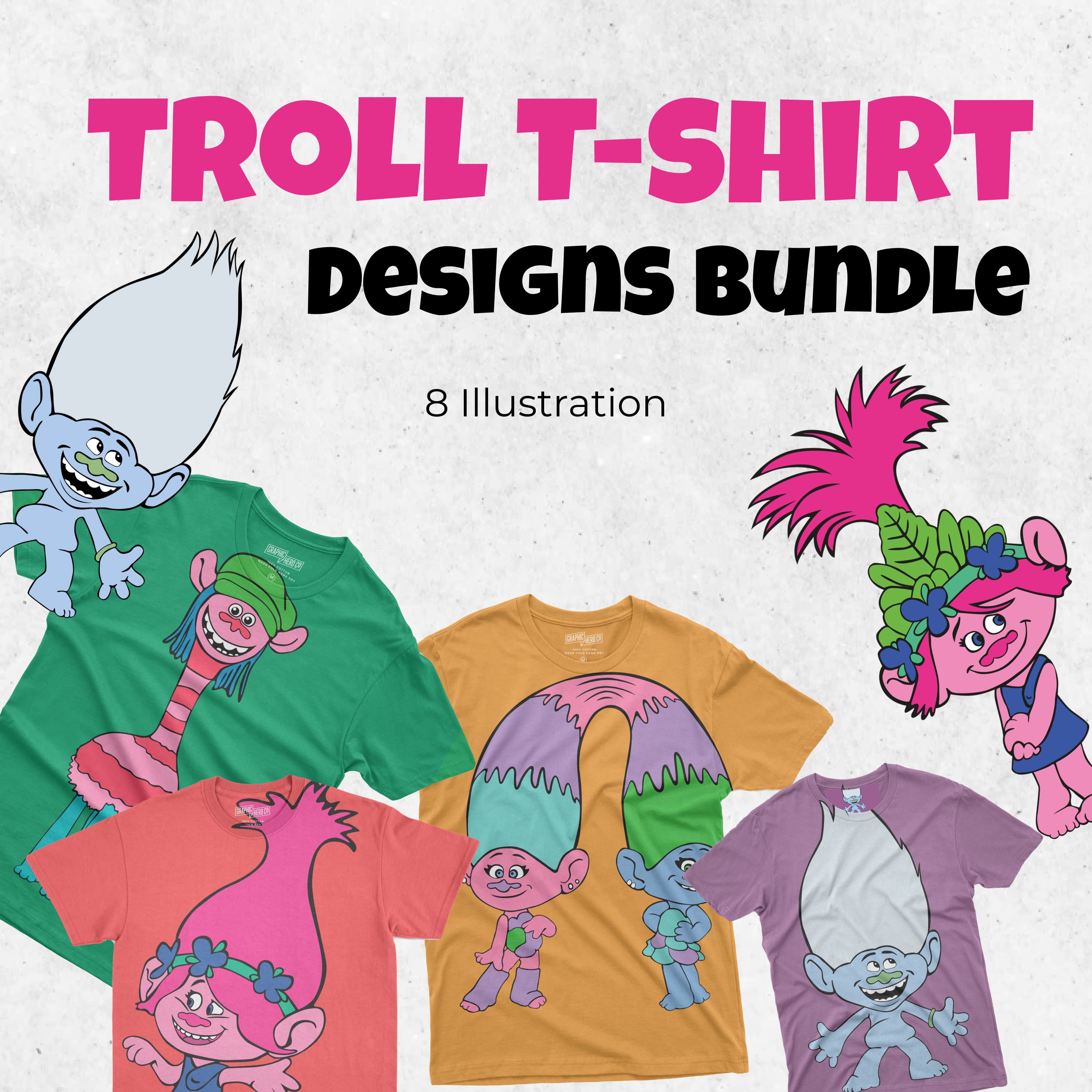 Prints of 8 Troll T-shirt Designs Bundle.
