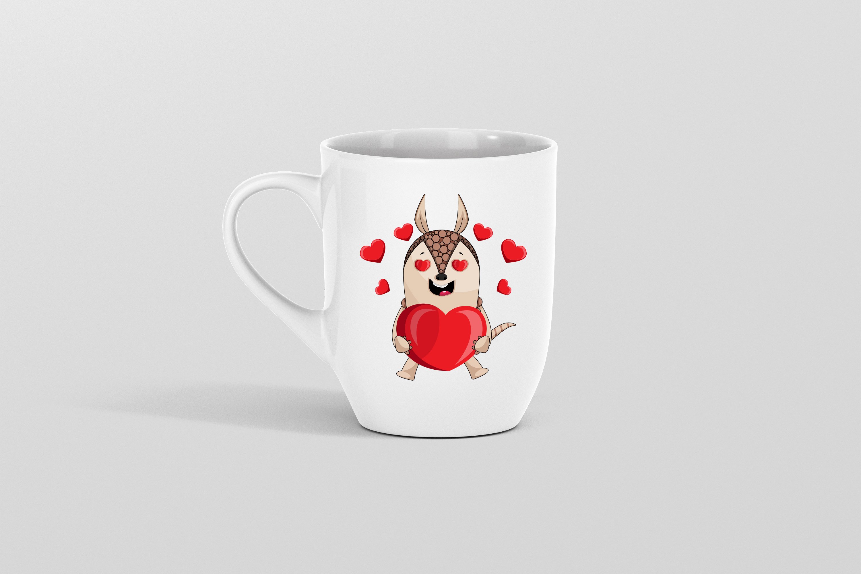 White cup with the Armadillo and hearts.