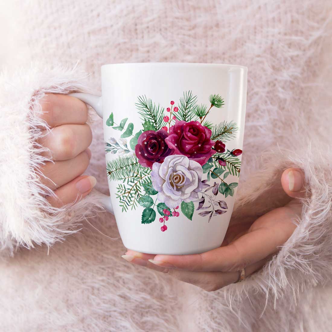 Cup mockup with Set of Watercolor Winter Bouquets.